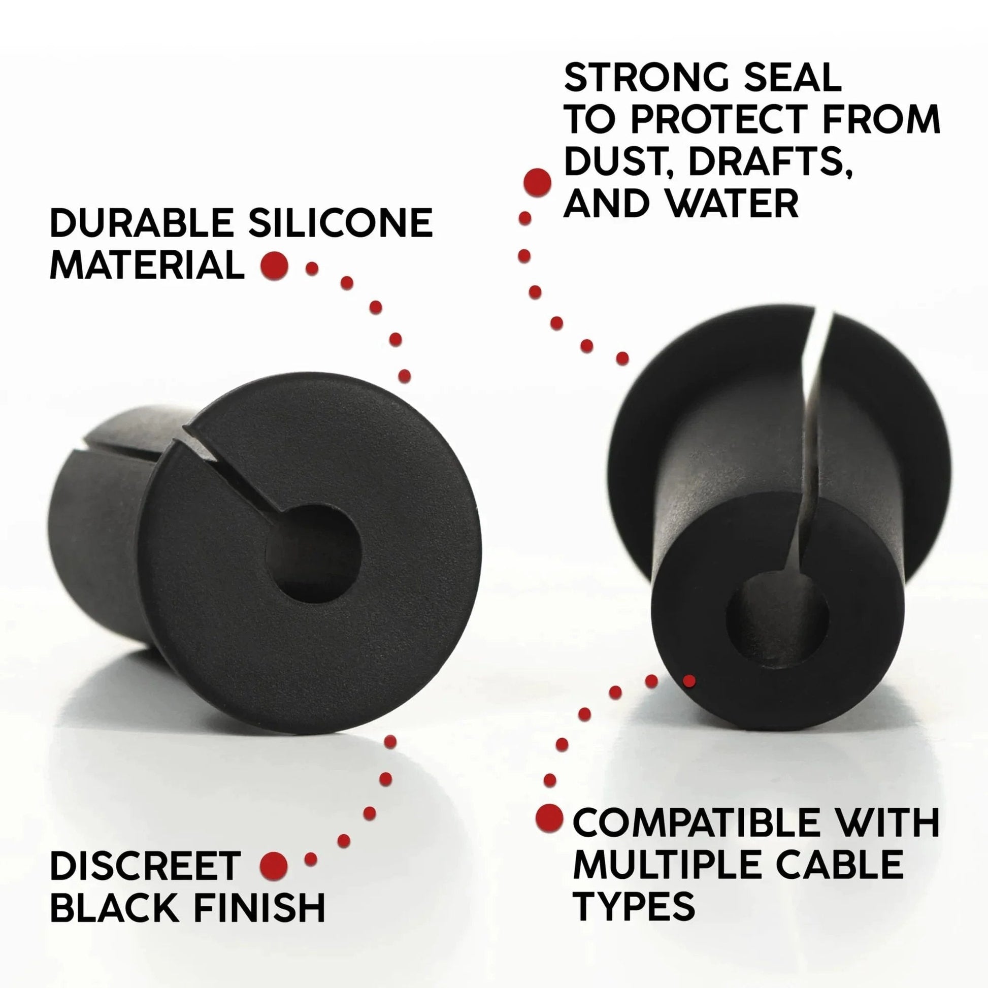 Two Pack Silicone Wall Bushing For Three Quarters Inch Holes Compatible With Starlink, close-up of black silicone material with split design for cable protection.