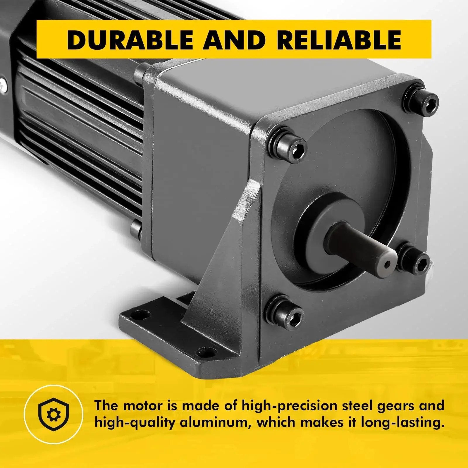Close-up of Heavy Duty 250W Variable Speed AC Motor With Gearbox And Bracket, showing 15mm shaft and durable design.