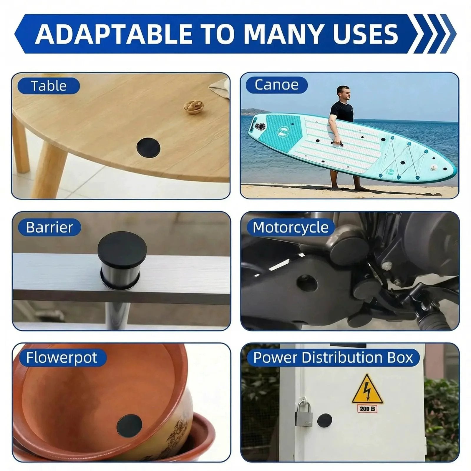 150 Piece Flexible Rubber Hole Plugs Kit In 9 Sizes shown in various applications, including table, canoe, barrier, motorcycle, flowerpot, and power box