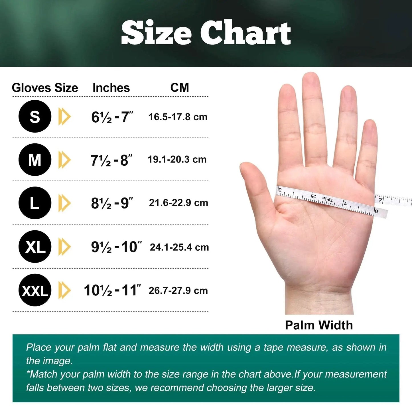 Size chart for Heavy Duty 8 Mil Nitrile Gloves With Raised Diamond Grip Dark Green Latex Free showing glove measurements.