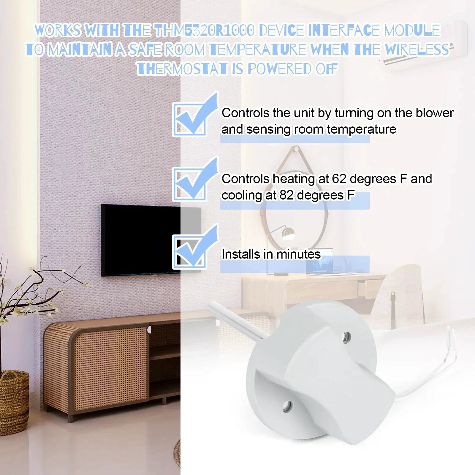 Honeywell Discharge Air Temperature Sensor C7735A1000 displayed with installation steps in a modern room setting.