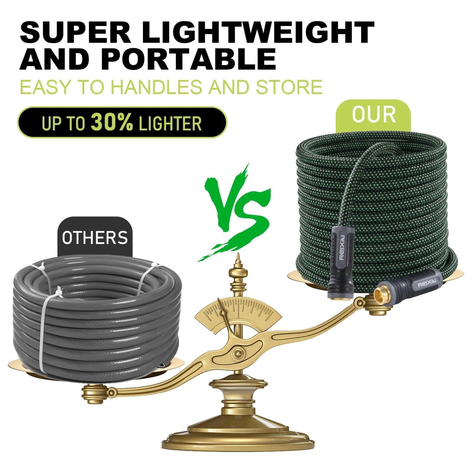 Comparison of Flexible Garden Hose For Yard And Lawn With 10 Function Sprayer and a traditional hose on a balance scale