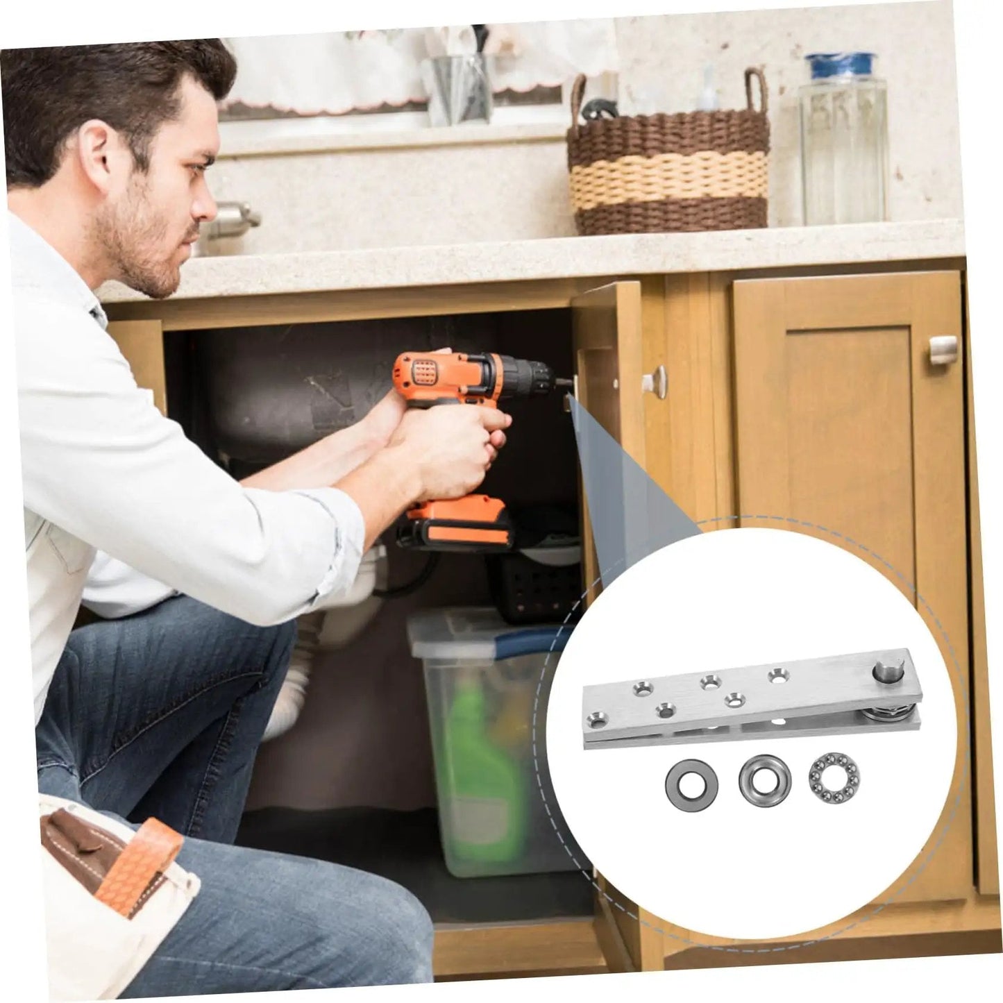 Man installing Hideaway Heavy Duty Stainless Steel Hidden Door Pivot Hinges For Solid Wood Doors Bookcase Secret Cabinet.