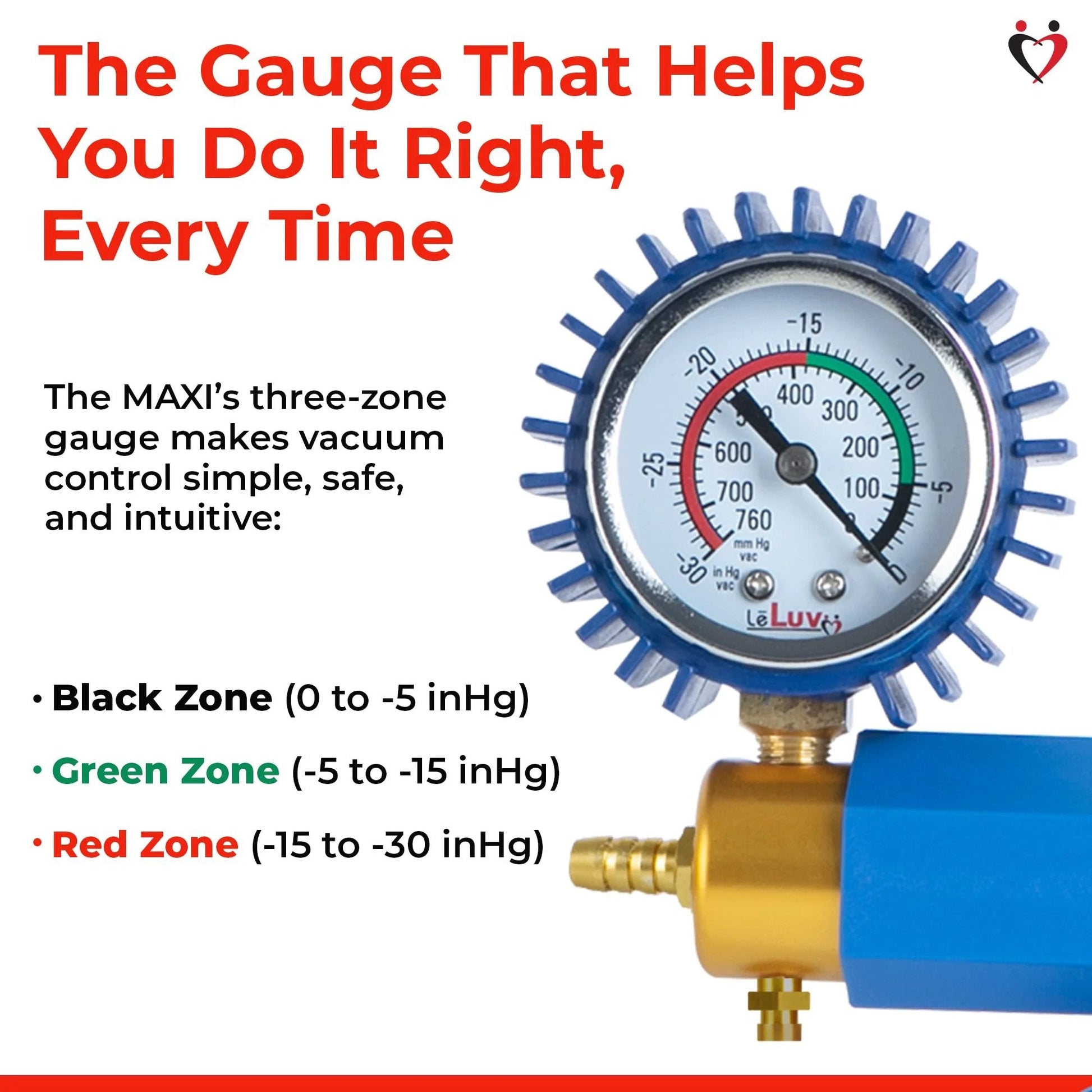 Close-up of Maxi Manual Vacuum Pump from LeLuv with blue ergonomic handle and rubber-protected pressure gauge showing zones.
