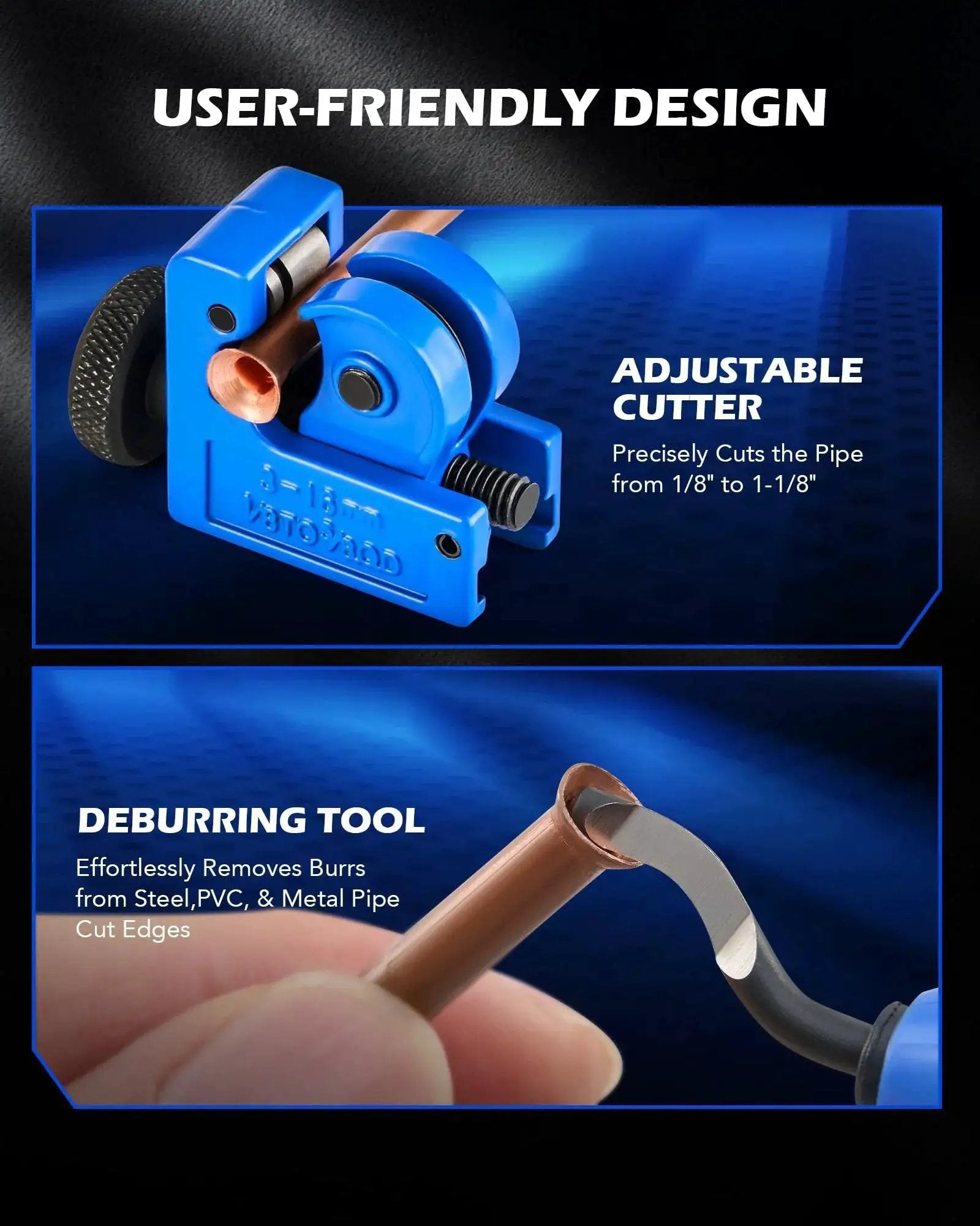 Adjustable cutter and deburring tool showing pipe cutting and burr removal for Brake Line Flare Tool Kit Dual Die Heads 3/16 To 3/8 Inch 37 And 45 Degrees.