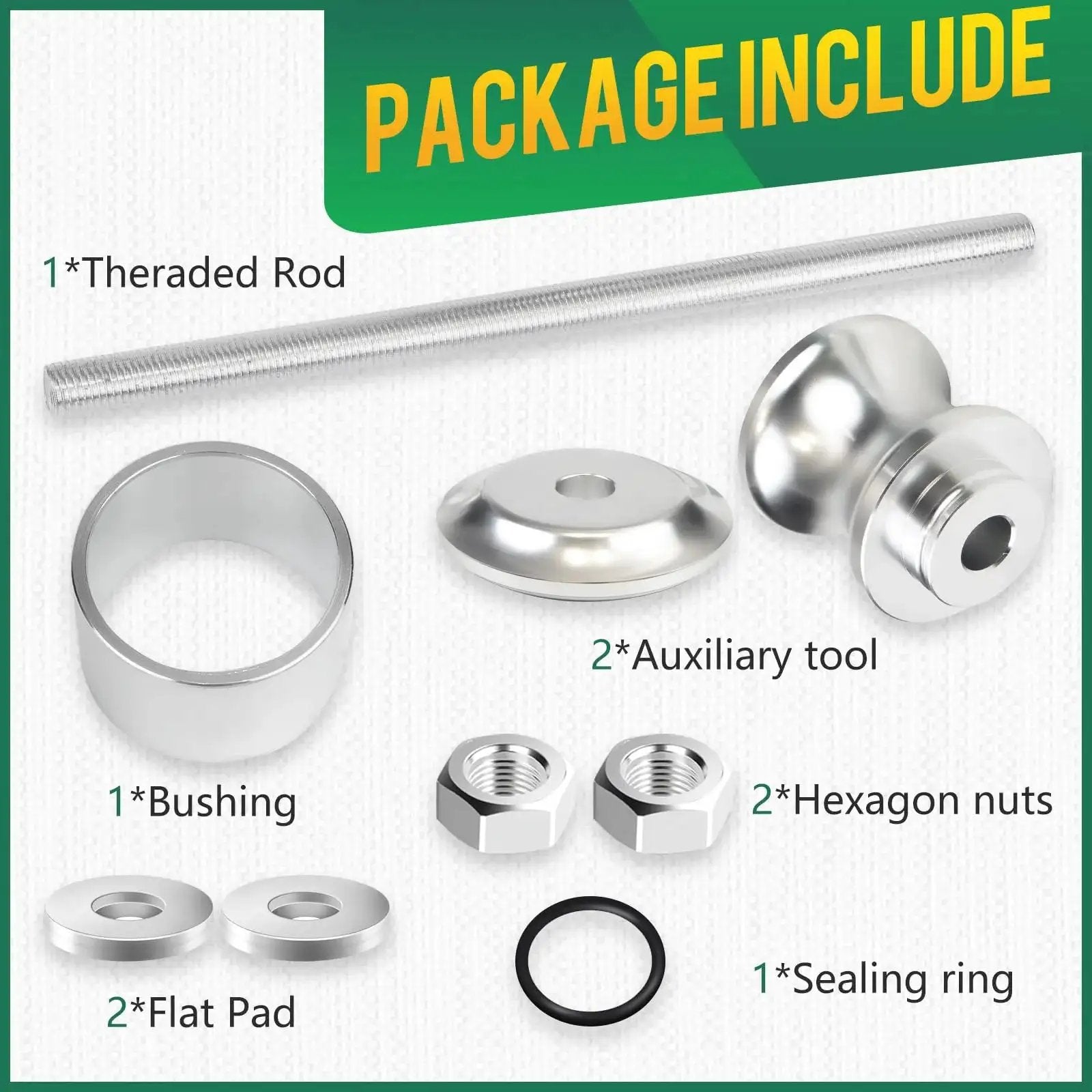 Package contents of Wheel Bearing Removal Tool For Polaris RZR Ranger General And Sportsman Vehicles with 40 mm and 44 mm bearings.