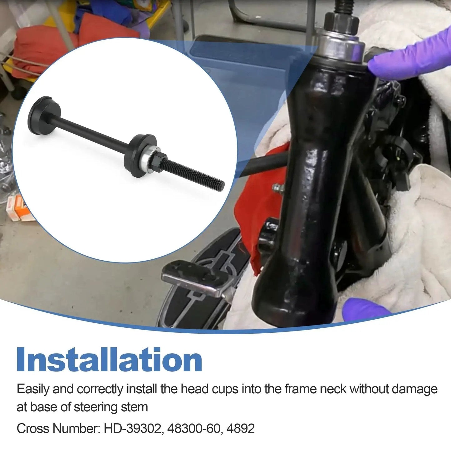 Steering Head Cup And Stem Bearing Race Installer Tool For Big Twin Dyna Sportster Softail Models 1960-2017 in use installation