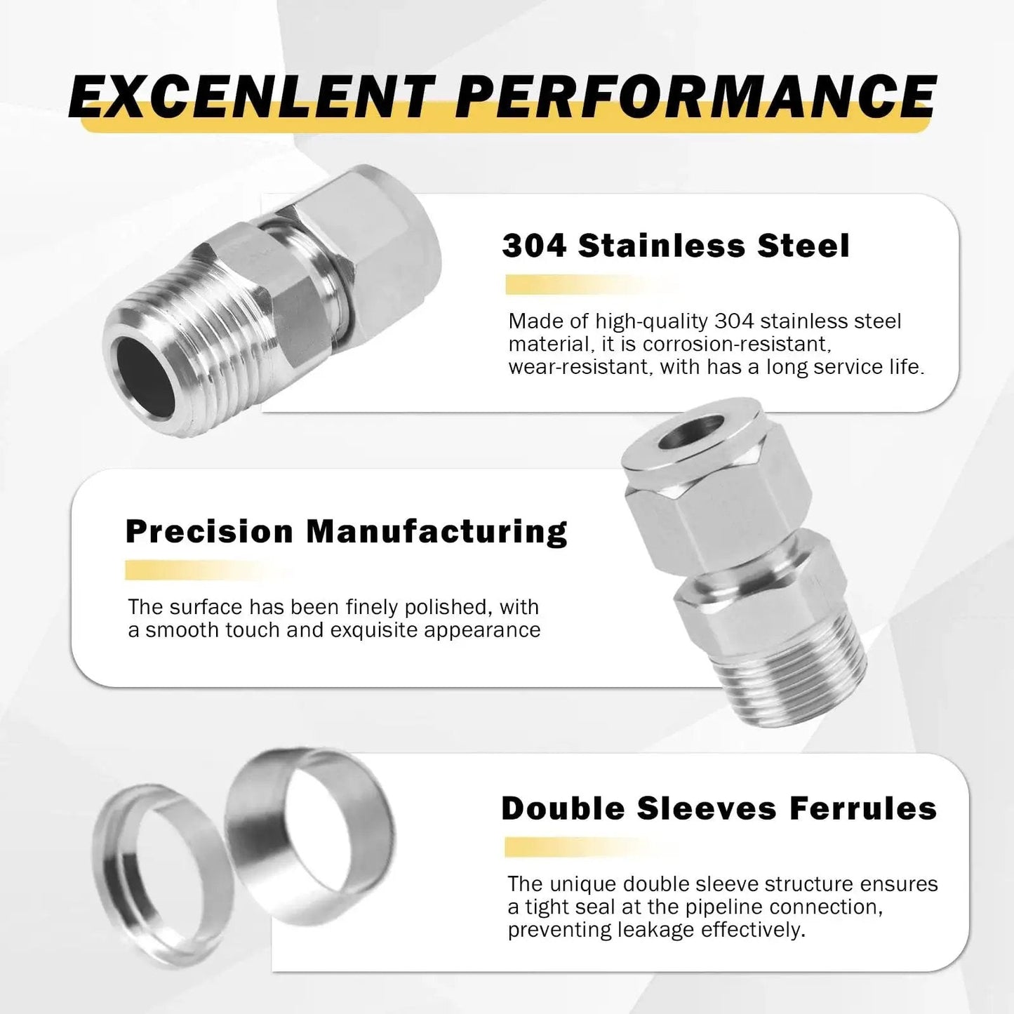 Stainless Steel 304 Compression Tubing Fitting Straight Adapter With Twin Ferrules, Three Eighths Inch OD To Three Eighths Inch NPT Male