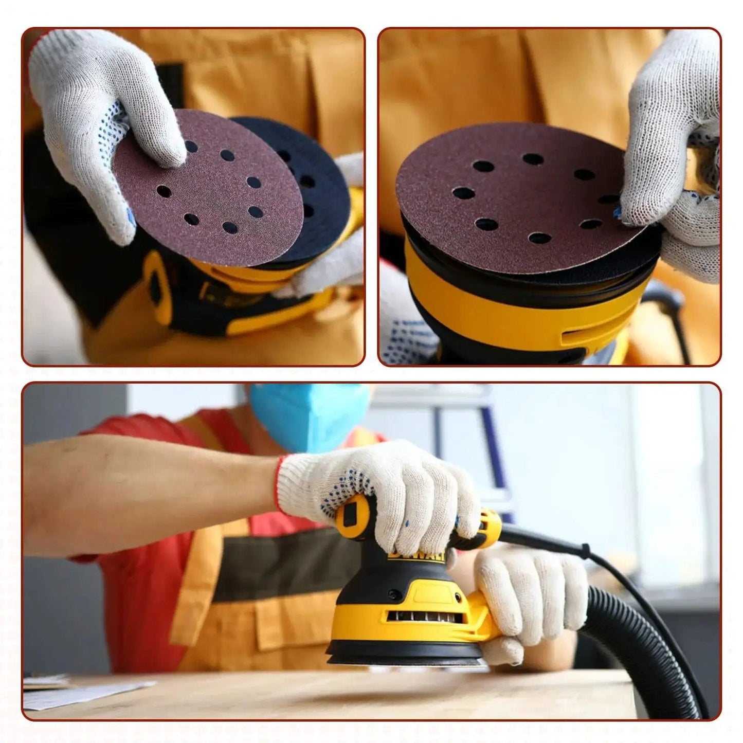 Person using 70 Pcs 5 Inch Sanding Discs Set With 9 Grits 40 To 800 Hook And Loop Sander on wood surface