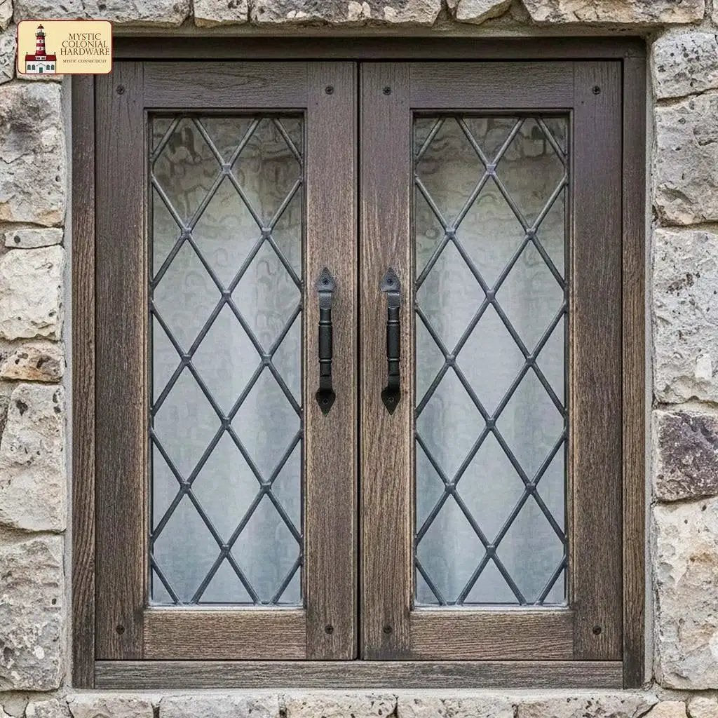 Mystic Colonial Rustic Cast Iron Barn Door Handles Set Of 2 In Black Finish on wooden framed window with diamond panes