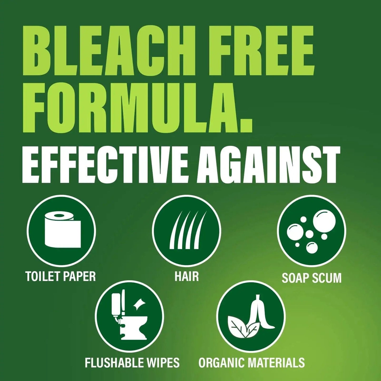 Graphic showing the powerful drain clog dissolver's effectiveness against toilet paper, hair, soap scum, flushable wipes, organic materials.