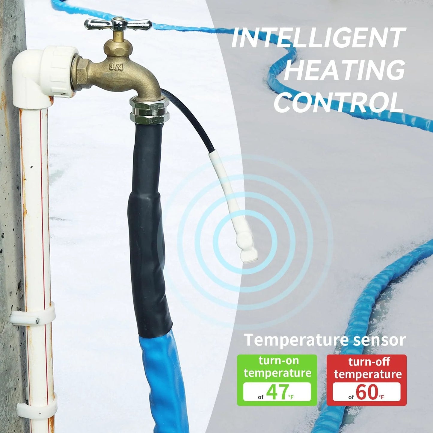 Heated Water Hose For RV 35Ft With Freeze Protection To Minus 20 Fahrenheit Energy Saving Thermostat And UL Listed Cable Ideal For RV Camper Garden Home Winter Use installed on outdoor faucet