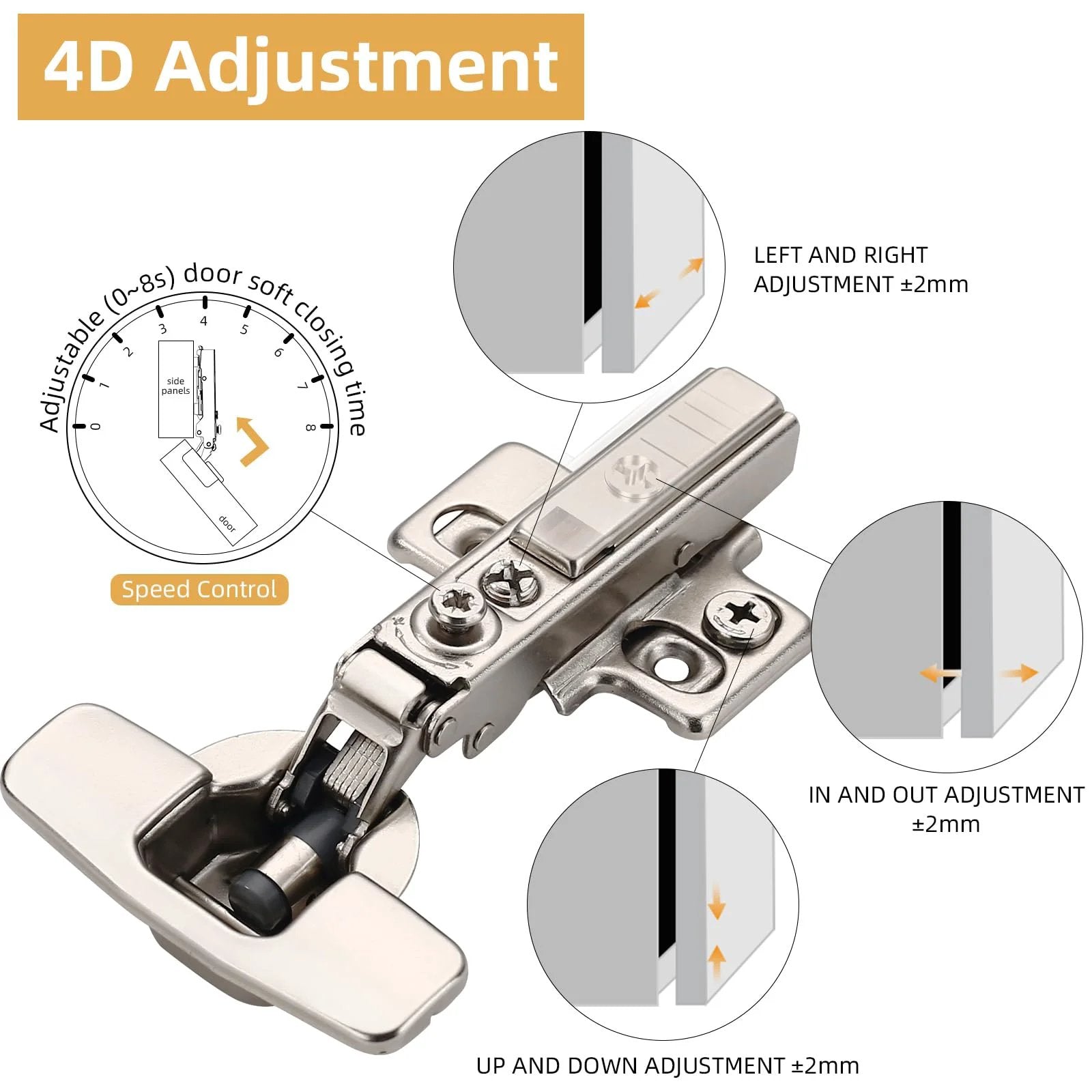 10 Pack Frameless Full Overlay Soft Close Cabinet Hinges With 4D Adjustment And Speed Control For A No Gap Fit Clip On European Stainless Steel Kitchen Hardware Open From 45 To 110 Degree with 4D adjustment features