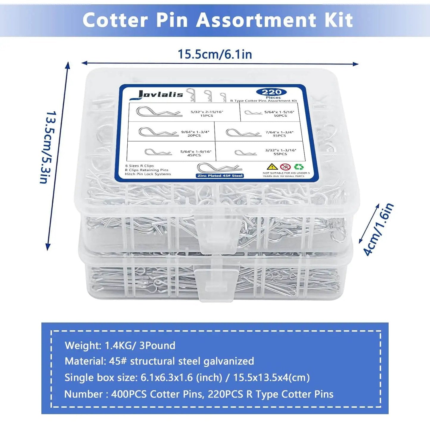 620 Pcs Cotter Pins Assortment Kit With Hairpin Cotter Pins And R Clips In 12 Sizes for Hitch Pin Lock Systems, box closed view