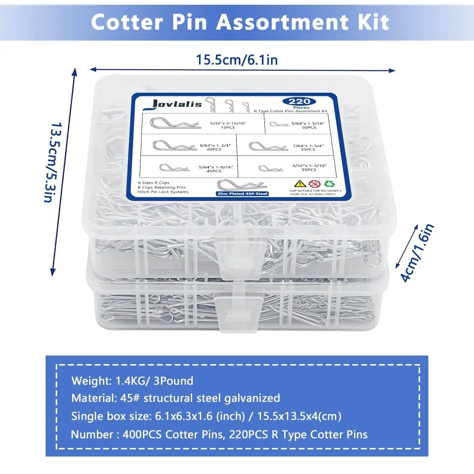 620 Pcs Cotter Pins Assortment Kit With Hairpin Cotter Pins And R Clips In 12 Sizes for Hitch Pin Lock Systems, box closed view