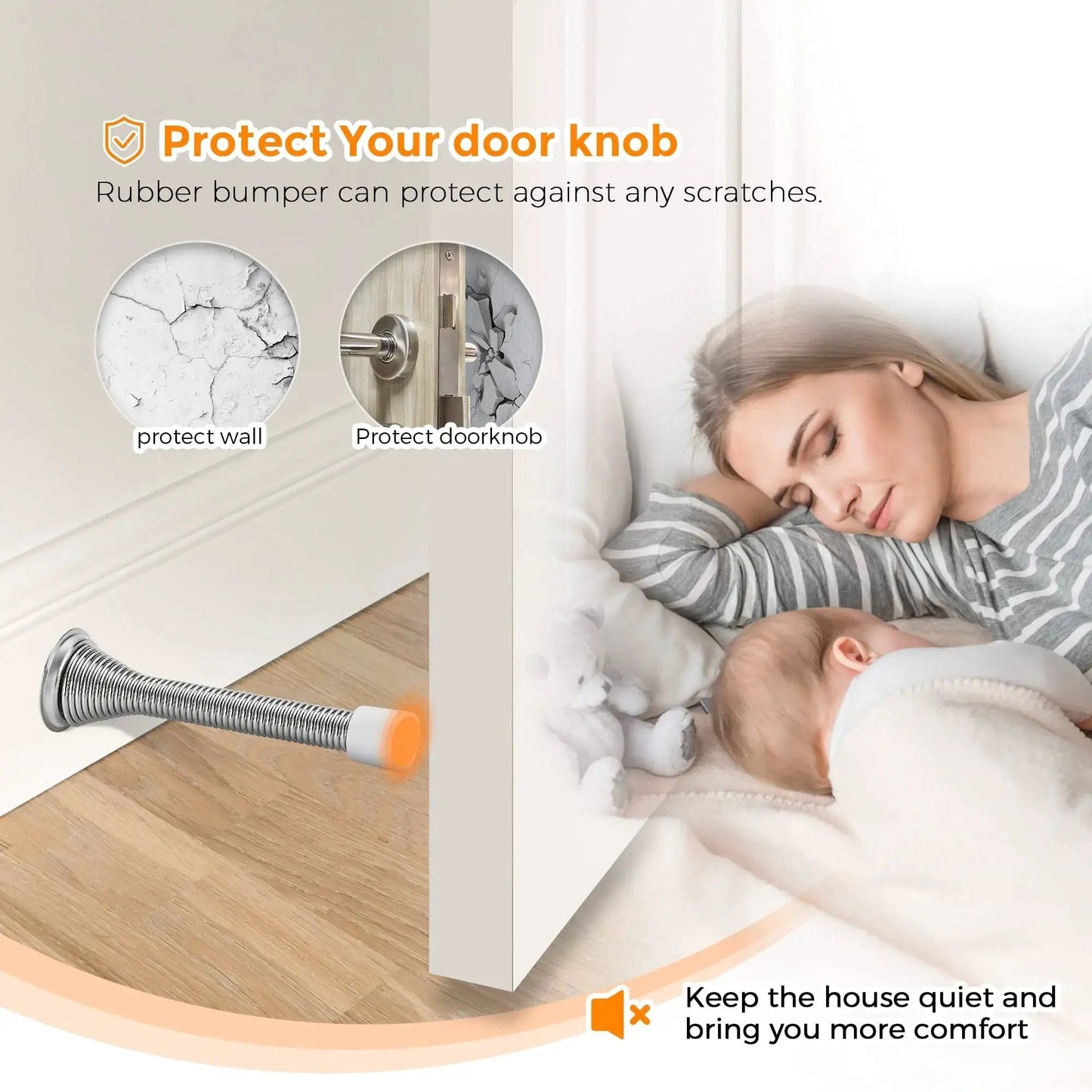 Spring Door Stops With Rubber Bumpers Satin Nickel 12 Pack For Bottom Of Door shown installed on wall protecting door