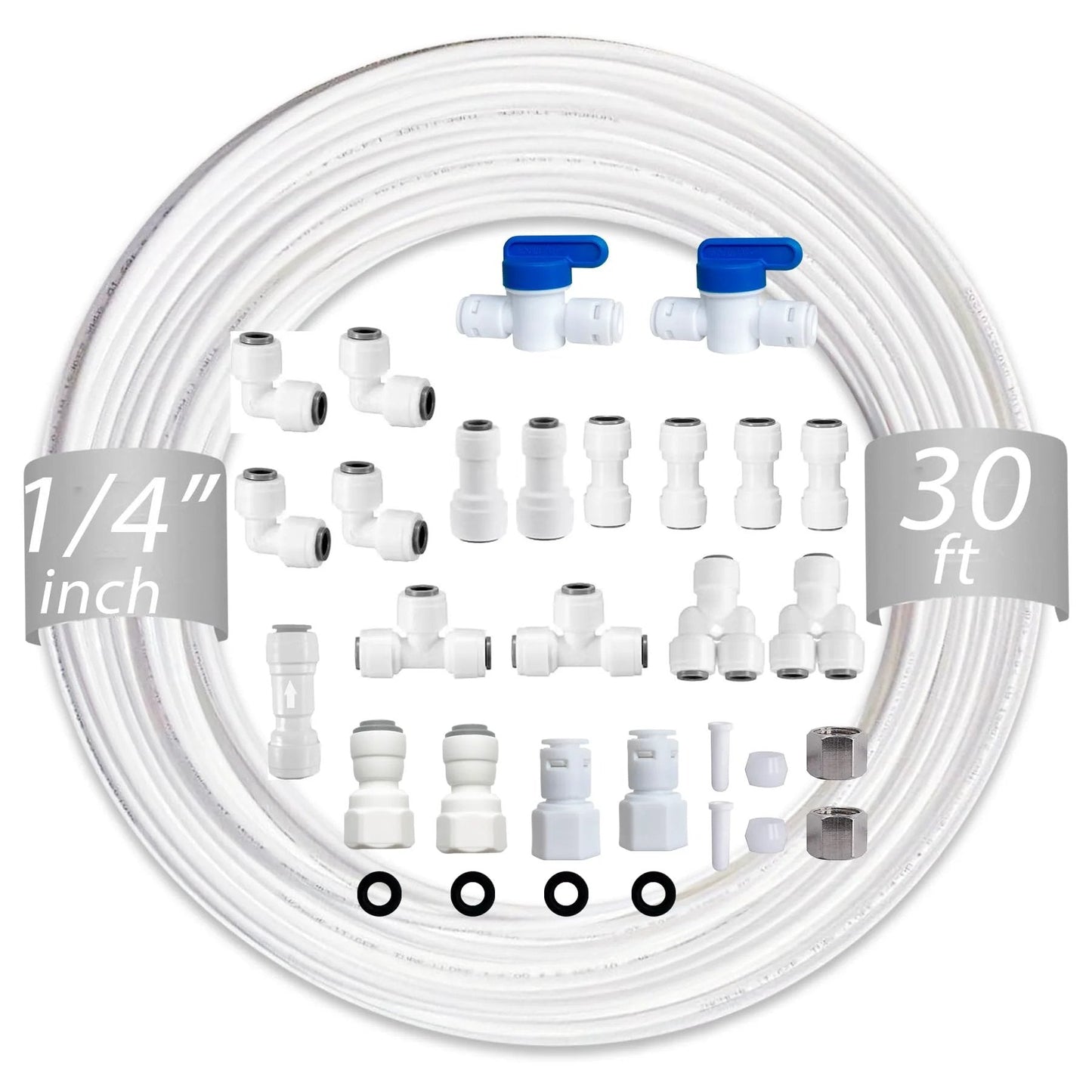 Premium One Quarter Inch Water Line Tubing And Push To Connect Fittings For Reverse Osmosis Systems Refrigerator Kits With 23 Connectors And 30 Feet Of One Quarter Inch OD Tubing TSnsfCerti NSF Certified BPA Free POM Material No Fuss Install, showing coiled tubing and connectors
