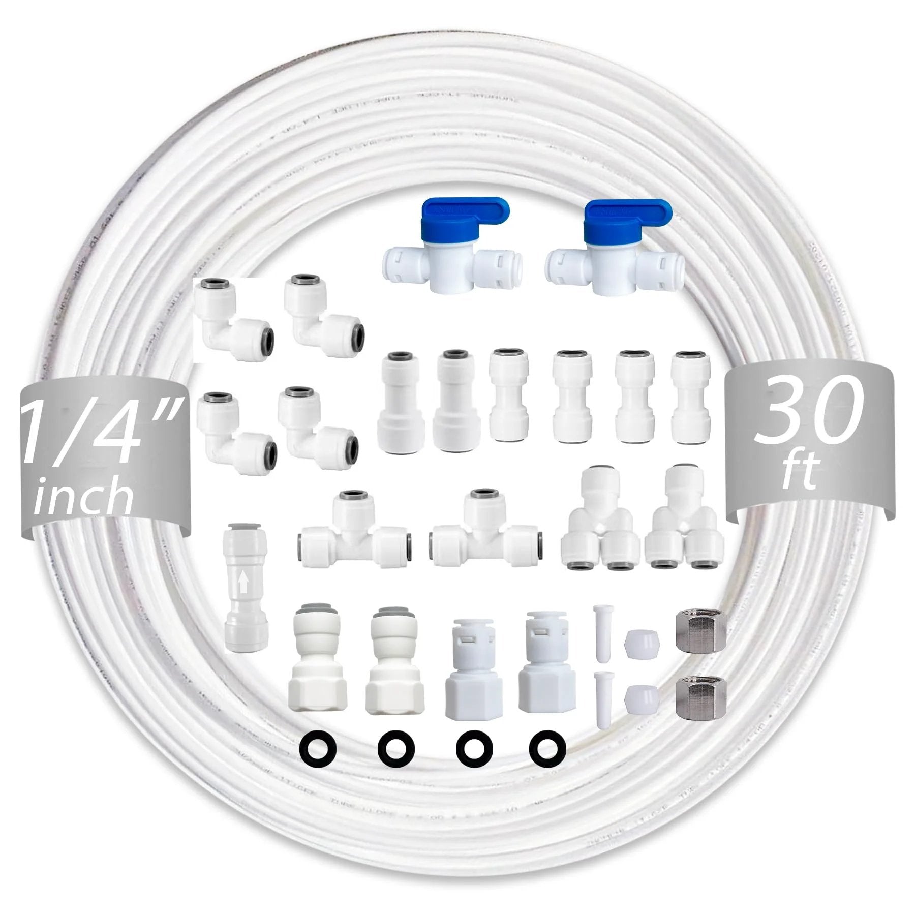 Premium One Quarter Inch Water Line Tubing And Push To Connect Fittings For Reverse Osmosis Systems Refrigerator Kits With 23 Connectors And 30 Feet Of One Quarter Inch OD Tubing TSnsfCerti NSF Certified BPA Free POM Material No Fuss Install, showing coiled tubing and connectors