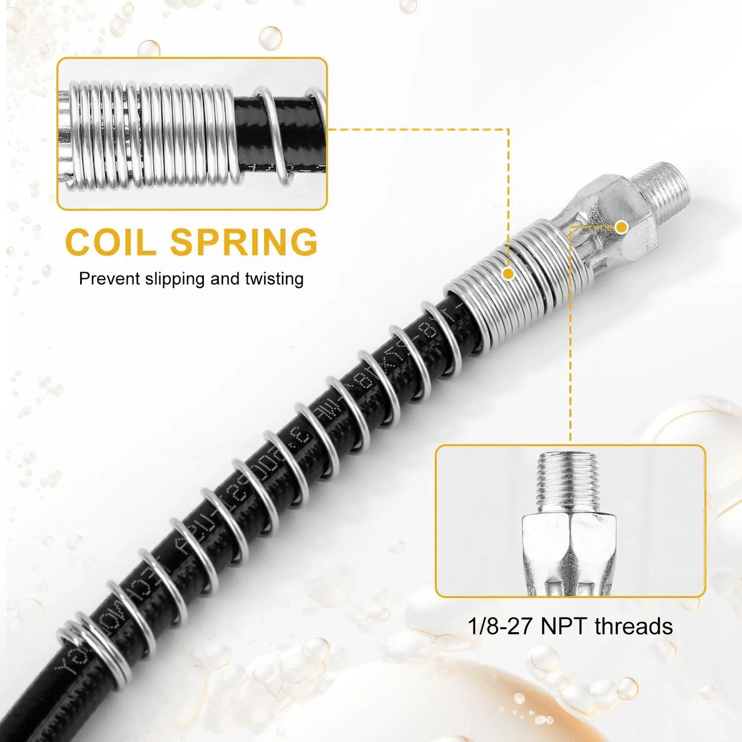 Close-up of grease gun accessory kit with 18 inch spring flex hose, locking coupler, 8000 PSI capacity, 1/8 NPT threads
