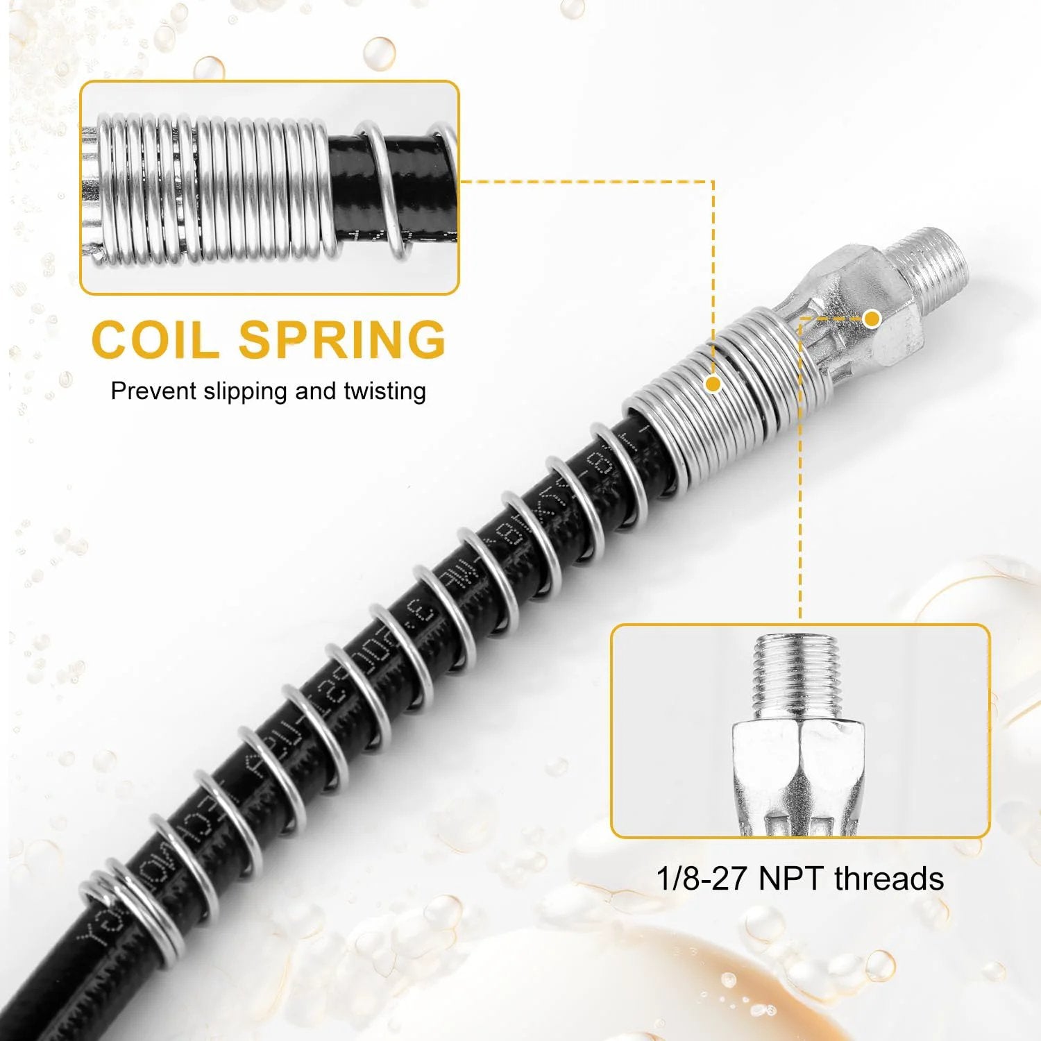 Close-up of grease gun accessory kit with 18 inch spring flex hose, locking coupler, 8000 PSI capacity, 1/8 NPT threads