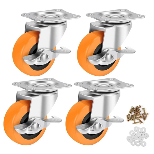 Set of 4 orange polyurethane 2.5 Inch Heavy Duty Caster Wheels with brakes and mounting hardware for furniture carts and workbenches.