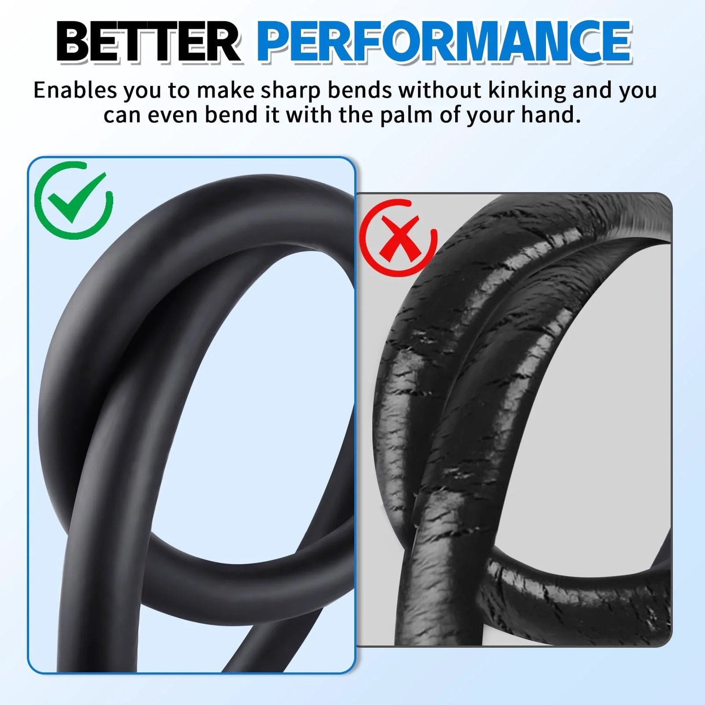 Comparison of flexible and kinked hoses, featuring Three Eighths Inch ID Transmission Oil Cooler Hose 10 Feet Long 300 PSI Working Pressure 1800 PSI Burst SAE J1532.
