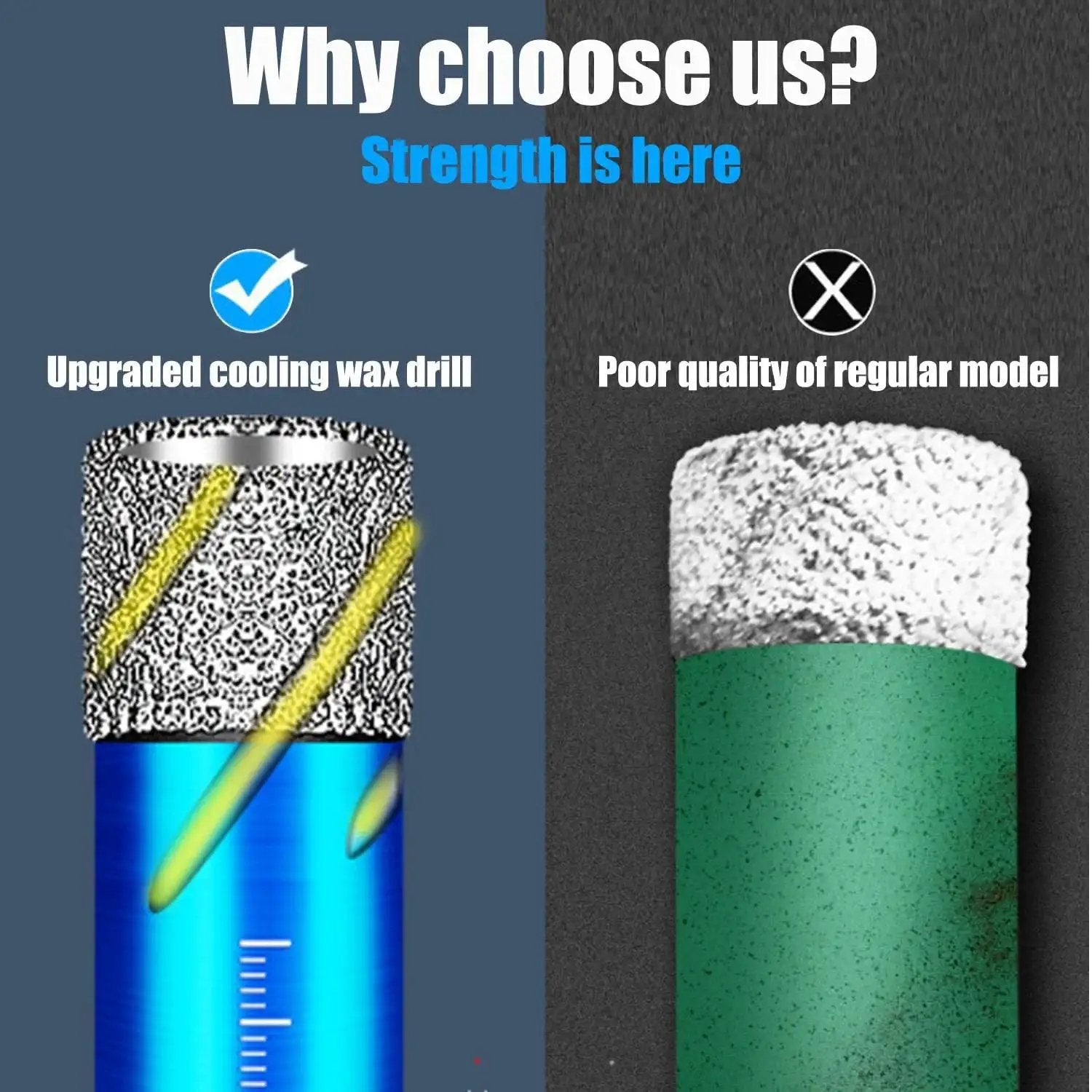 Comparison of upgraded cooling wax drill and regular model, featuring a 9-Piece Premium Diamond Drill Bit Set for Precision Drilling in Porcelain, Ceramic, Glass, and Marble.