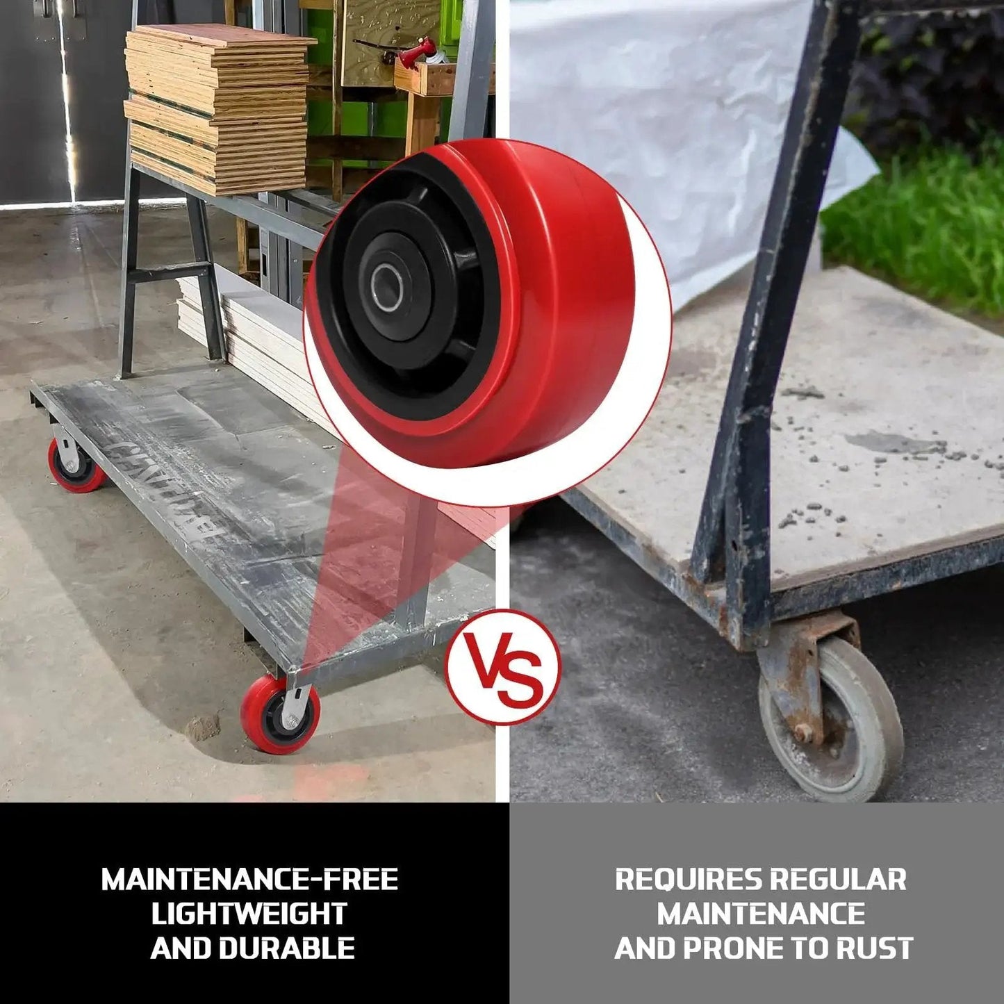 Comparison of 4 Inch Industrial Casters Set Of 4 With Polyurethane On Polyolefin Core Wheels and traditional wheels on trolley