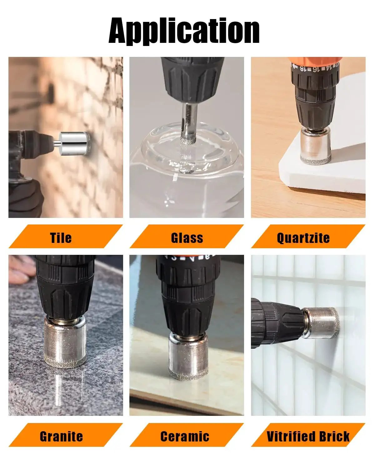 Diamond Drill Bits Set 10 Piece Diamond Hole Saw Kit For Glass, Ceramic Tile, Porcelain, Granite, Stone in use on various materials