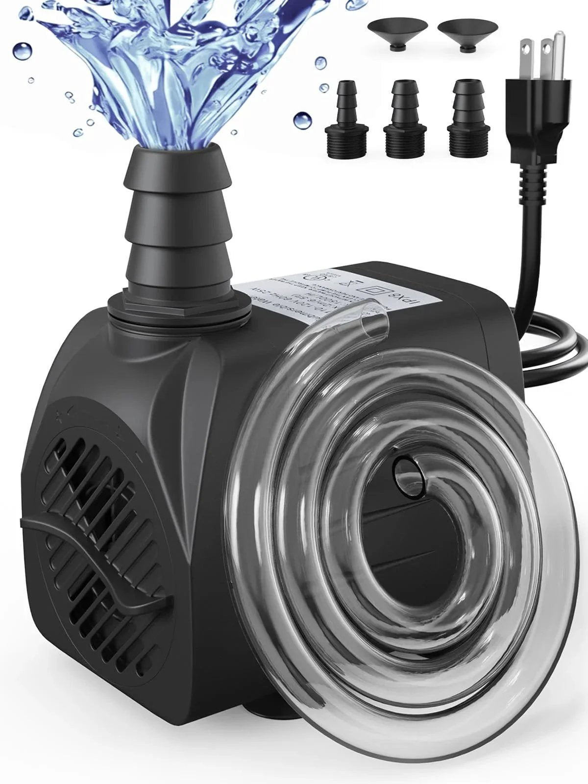 Ultra Quiet 400GPH Submersible Water Pump For Pond, Fountain, Aquarium, And Hydroponics With 6.56 Ft Lift, 6.5 Ft Hose, 25W, 1500L Per Hour, And 3 Nozzles For Fish Tanks, Waterfalls, And Garden Water Features, showing pump, hose, and nozzles