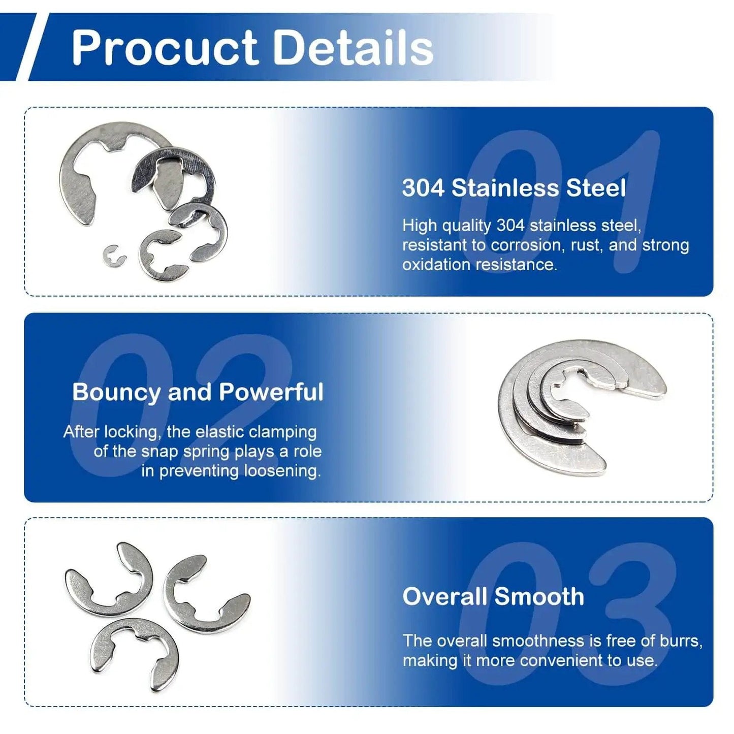 Beefy 300Pcs Stainless Steel E Clips Kit With 10 Sizes M1.5 To M10 External Circlip Snap Rings Retaining Clips Set shown with details.