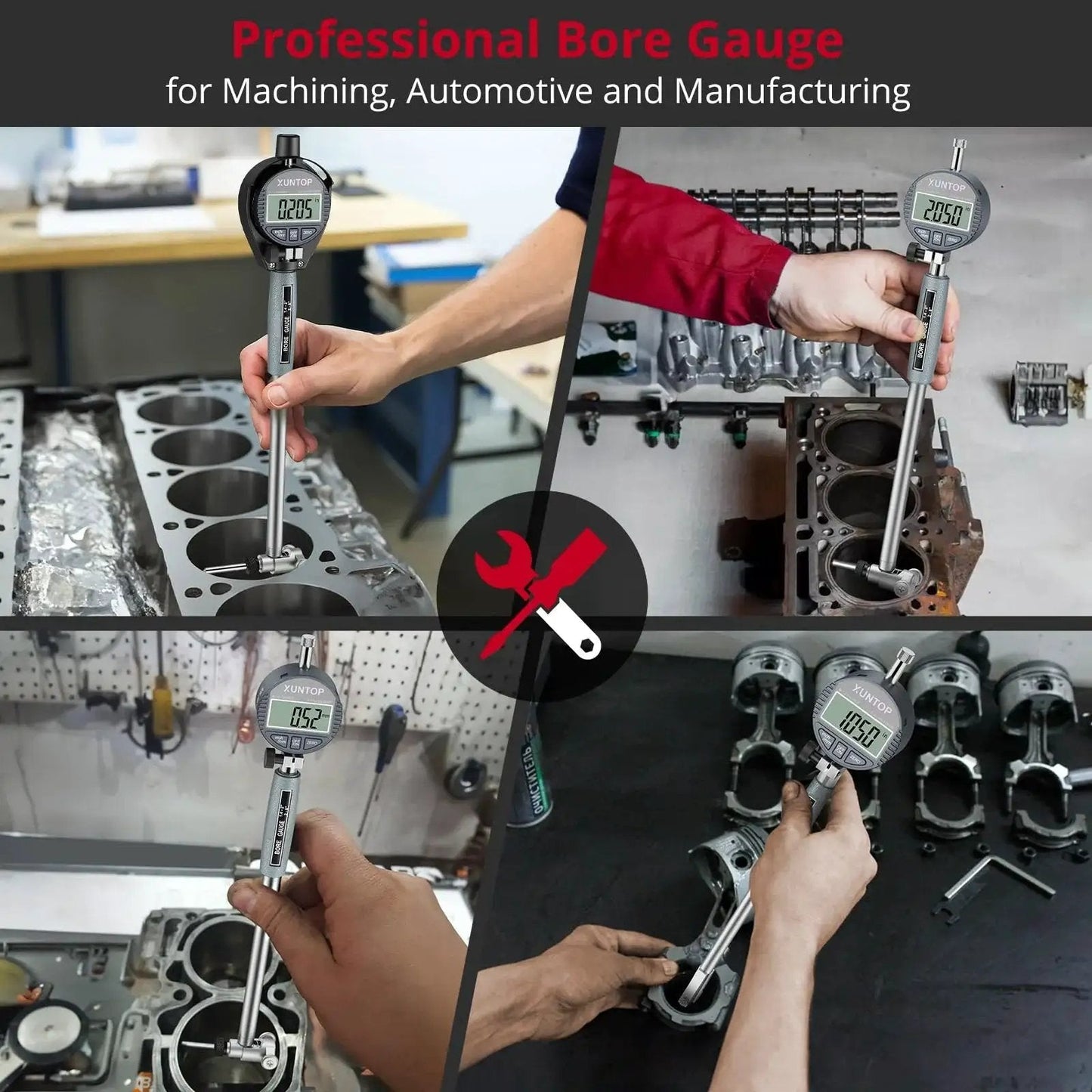 Ultra Precision Digital Bore Gauge Set With 0.0005 Inch Resolution For 0.7 To 6 Inch Bore And 5 To 6 Inch Depth Includes 23 Anvils And 2 Measuring Rods For Machining CNC Automotive Engine Cylinders And Hydraulic Components XUNTOP shown in various machining setups.