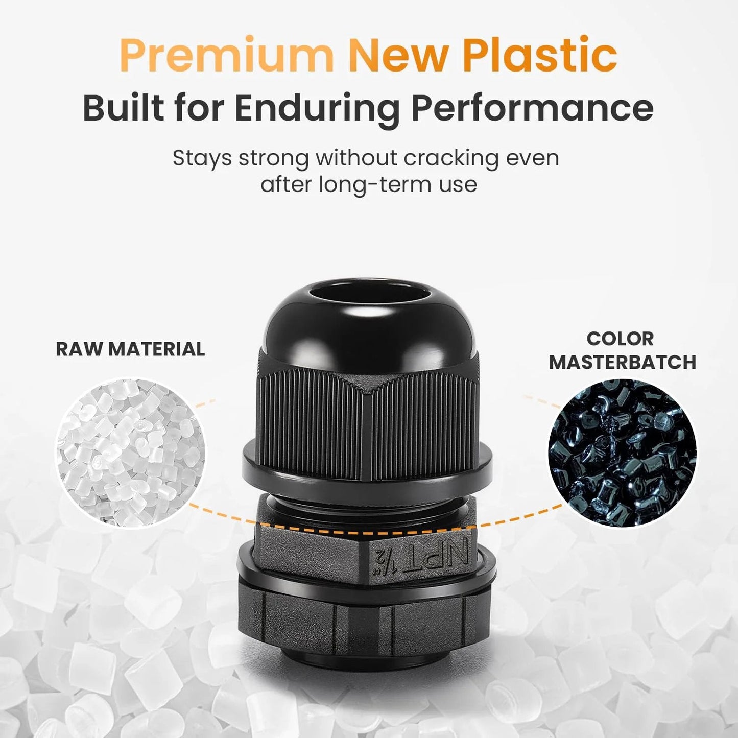Close-up of a 12 Pack Half Inch NPT Cable Glands Waterproof IP68 Nylon Pass Through Cord Grip Connector Strain Relief Wire Grommets