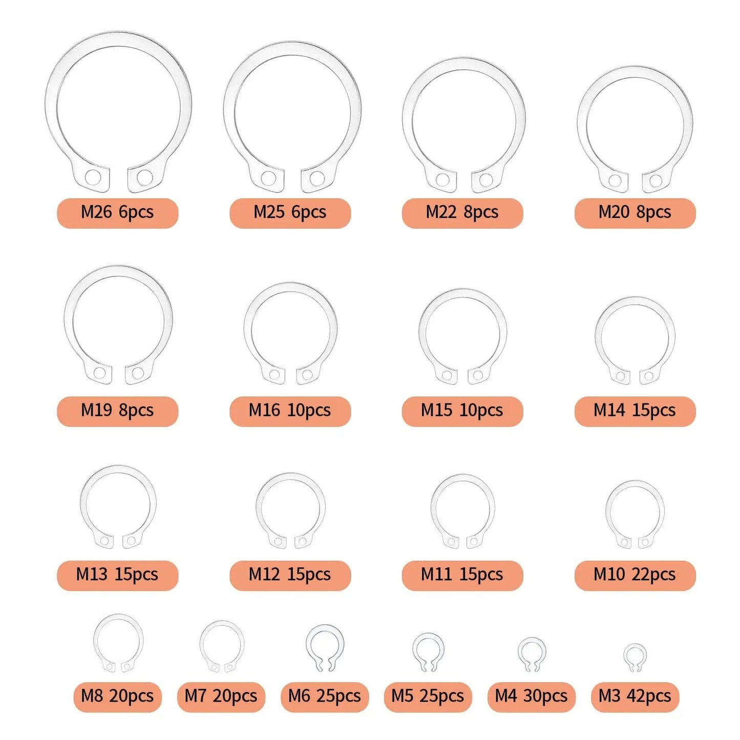 300 Piece Retaining Ring Set With Internal And External Snap Rings In Stainless Steel Circlip Retention Rings 18 Size Assortment