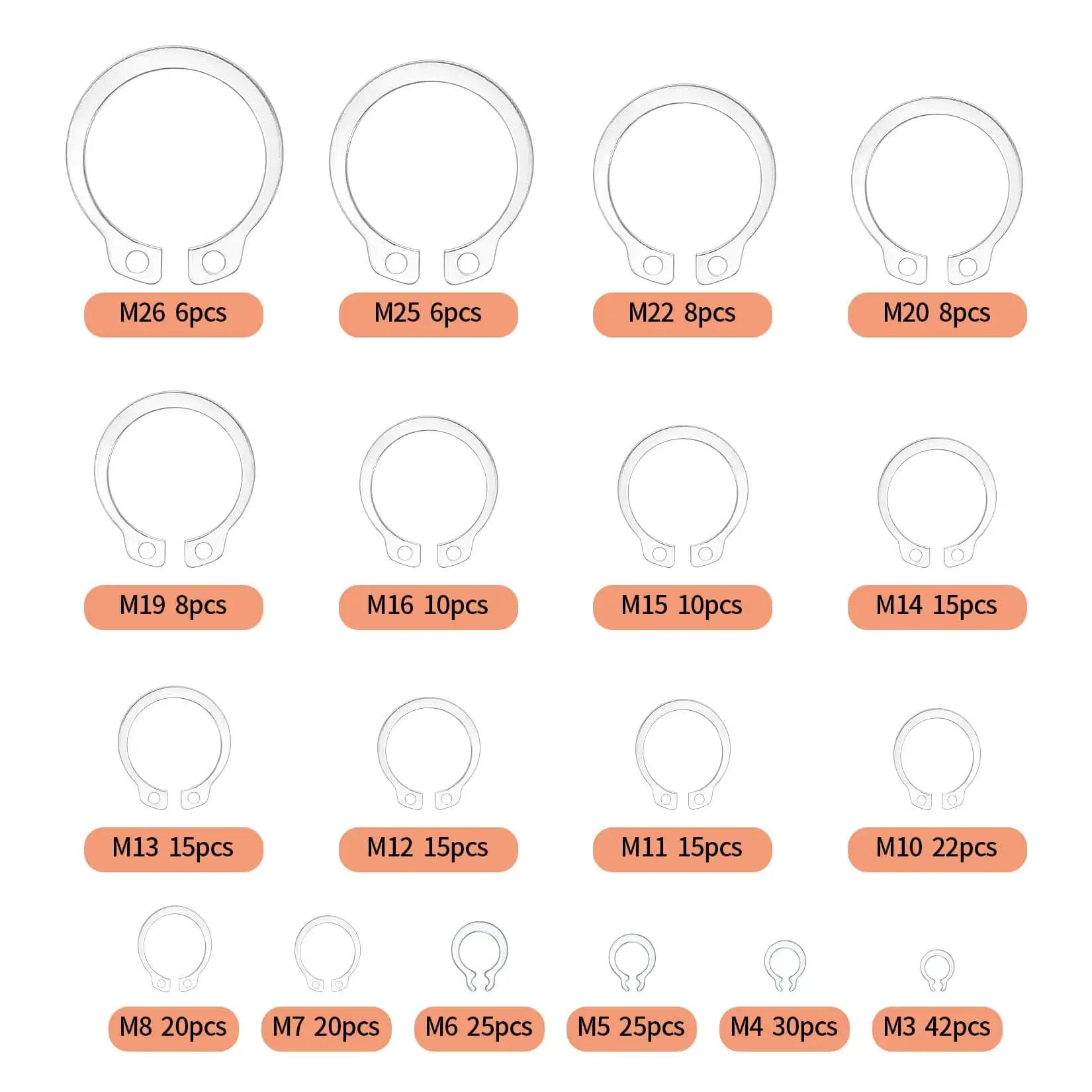 300 Piece Retaining Ring Set With Internal And External Snap Rings In Stainless Steel Circlip Retention Rings 18 Size Assortment