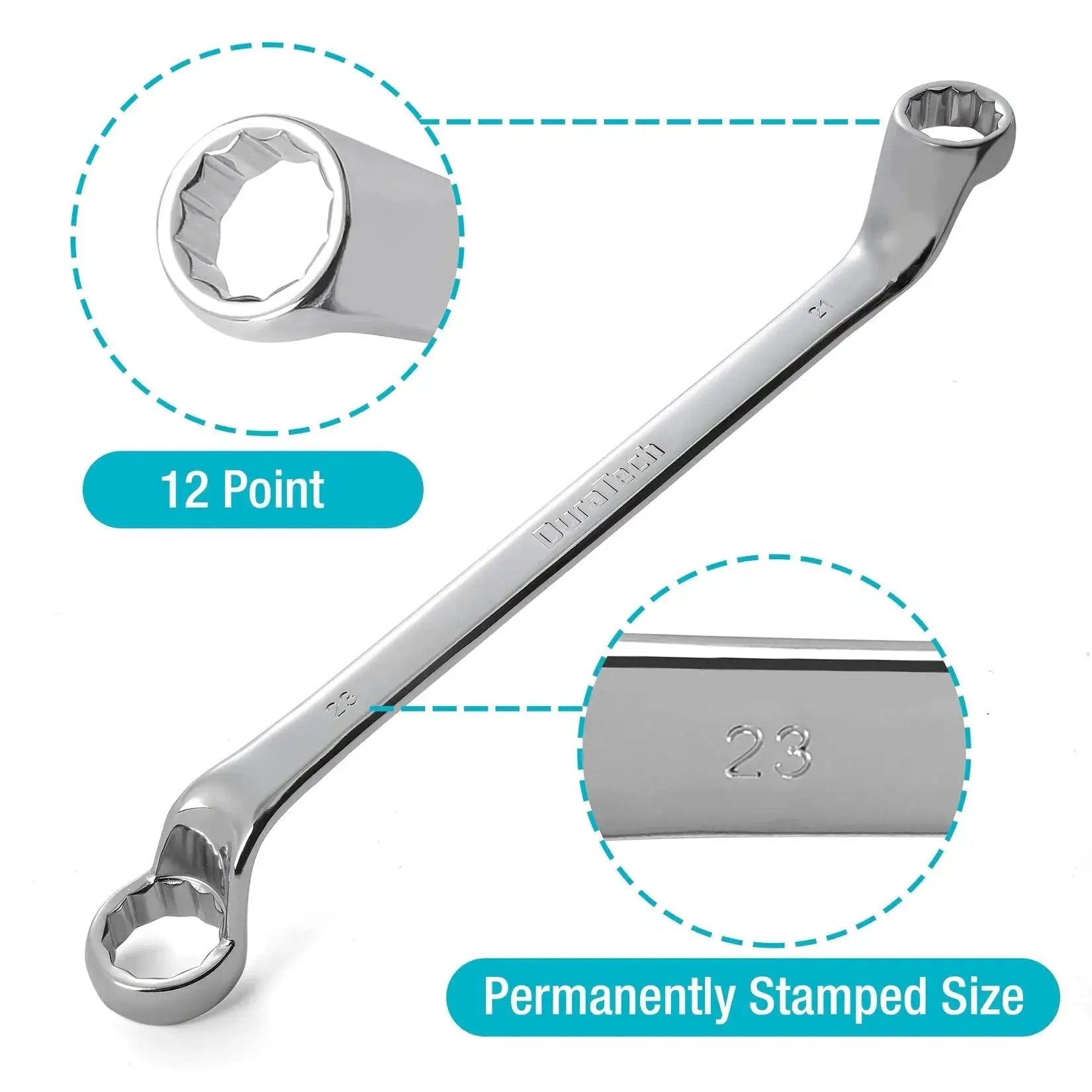 9-piece Offset Box Wrench Set Metric 6 to 23 mm, 75° handles, double 12-point box ends, CRV chrome vanadium steel, stamped sizes visible.