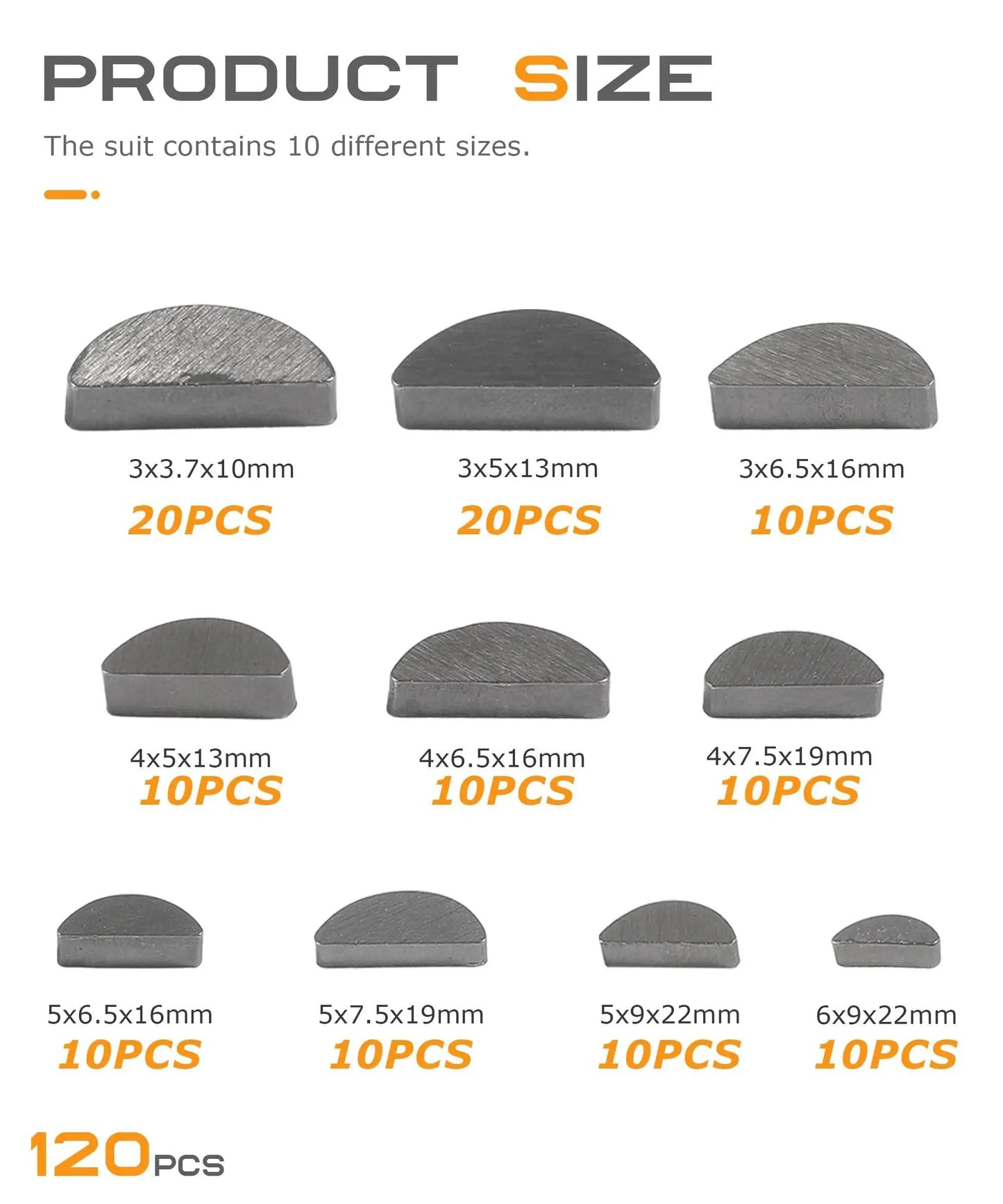 Woodruff Key Set 120 Piece Semicircle Key Assortment With 10 Sizes Half Moon Keys For Flywheel Applications, shown in different sizes