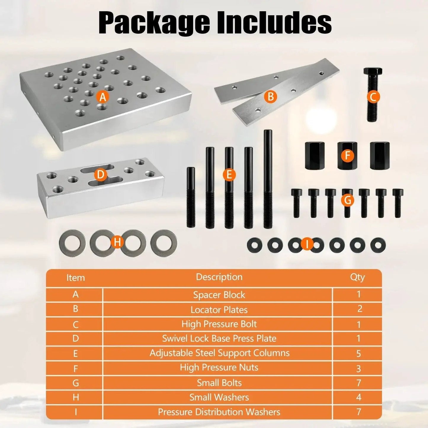 Universal 30 Ton Bearing and Bushing Press Fixture Kit components and accessories displayed with labels and descriptions.