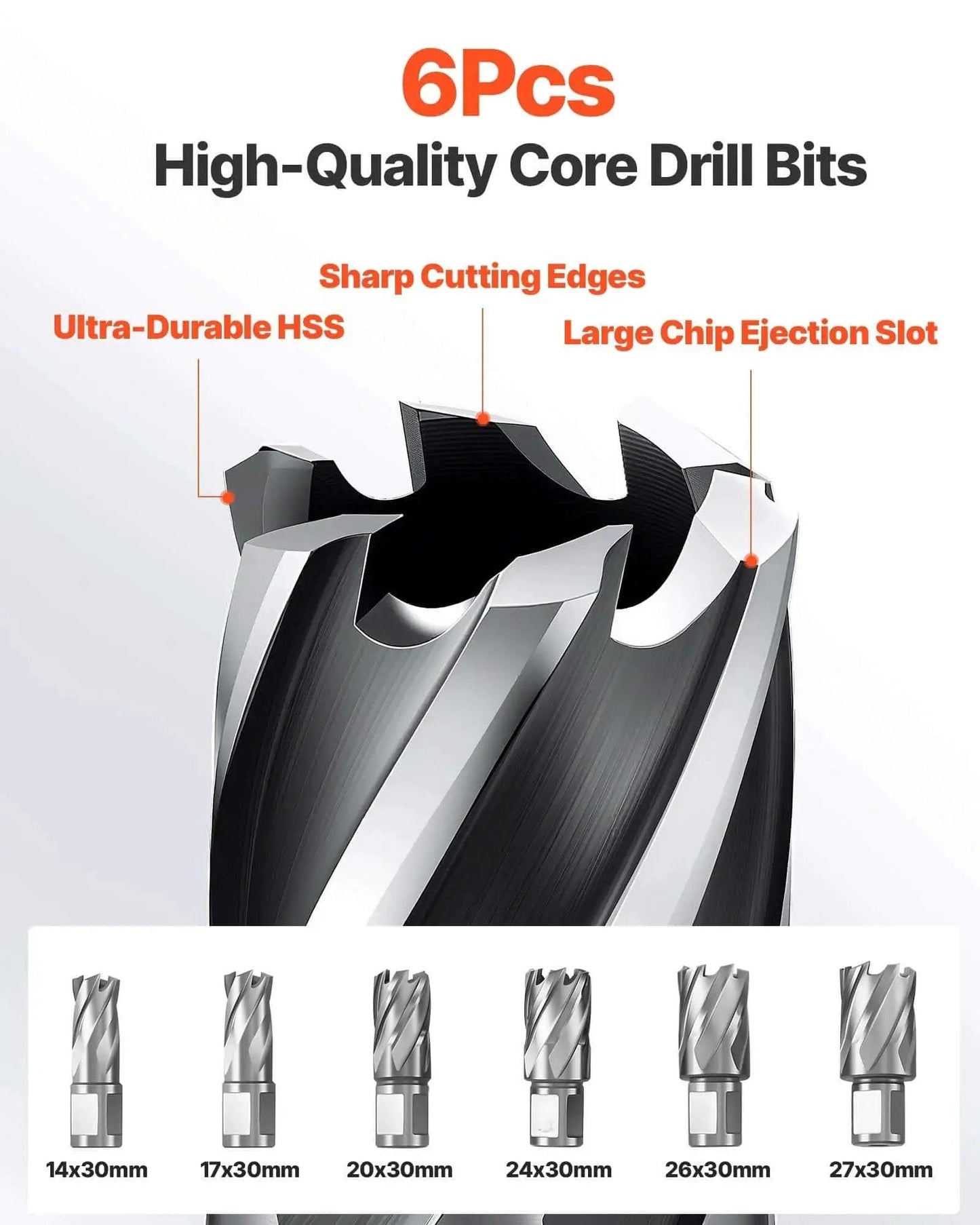 6-piece high-quality core drill bits set with sharp cutting edges and large chip ejection slots, various sizes displayed.