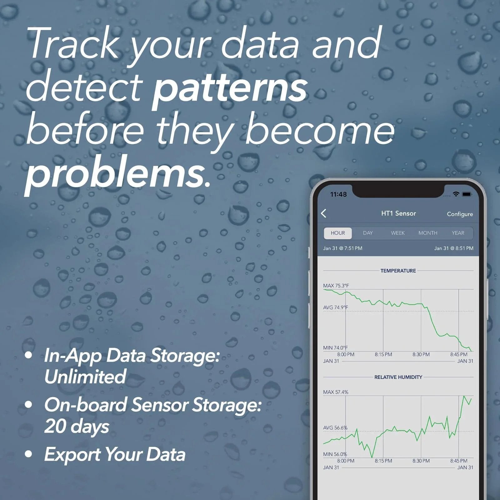 Smart Temperature And Humidity Sensor With App Monitoring From SensorPush HT1 Thermometer Hygrometer For Indoor And Outdoor Use Including Heat Index For RV Fridge And More showing phone app interface with data graphs
