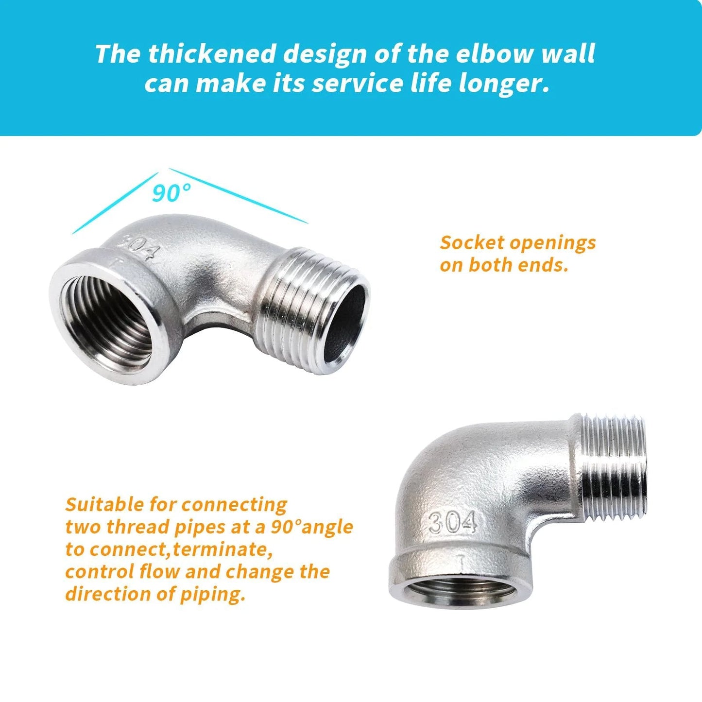 Two Pack 304 Stainless Steel 90 Degree Elbow Pipe Fittings Half Inch NPT Female To Male Heavy Duty Plumbing Elbow Durable