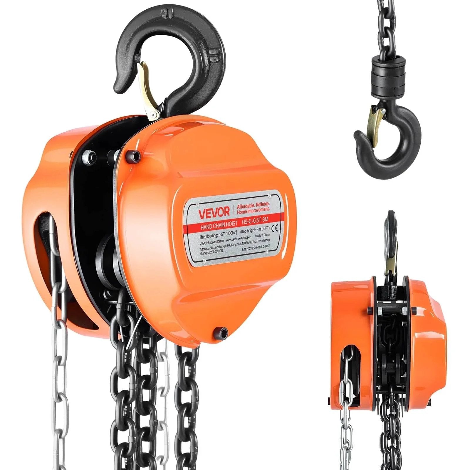 Hand Chain Hoist 1100 Lb Capacity Half Ton With 10 Ft Lift Galvanized G80 Chain Heavy Duty Pulley Hoist For Garage, orange body