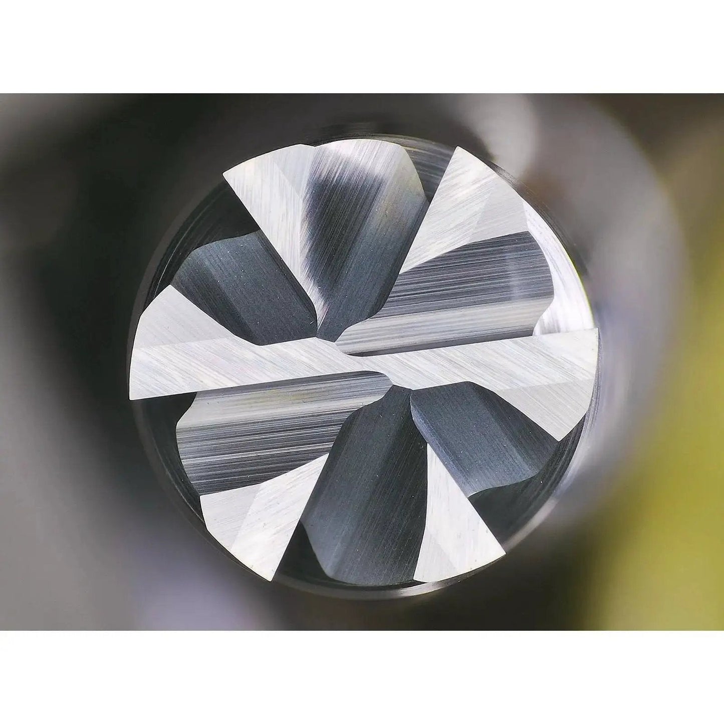 Close-up of Carbide End Mill 6 Flute Square Milling Cutter With 50 Degree High Helix For High Hardness Steel Finishing Balzers PVD Coated
