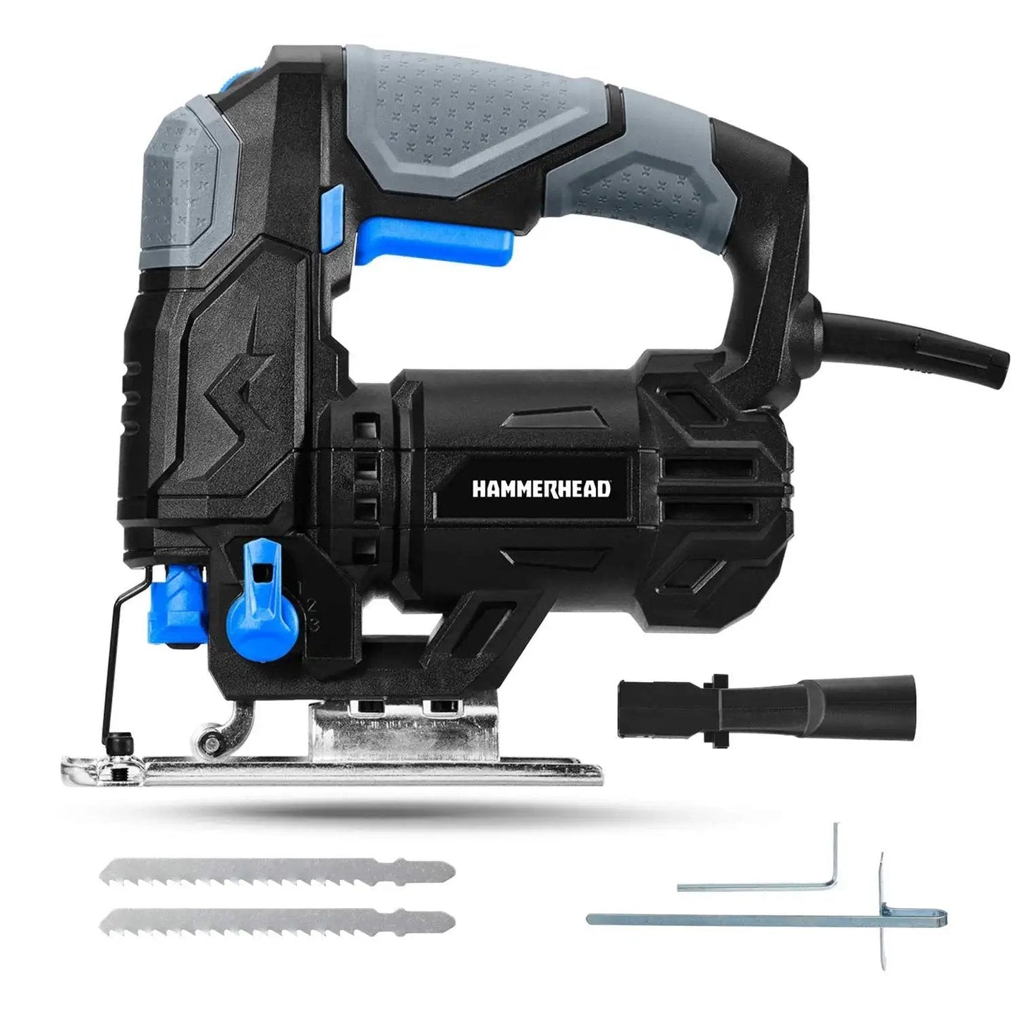 Powerful 4.8 Amp Jig Saw For Woodworking With Three Quarters Inch Stroke Includes Two Wood Cutting Blades Variable Speed Control And Four Stage Orbital Function With Brake For Smooth Precise DIY Wood Cutting By Hammerhead HAJS048 side view