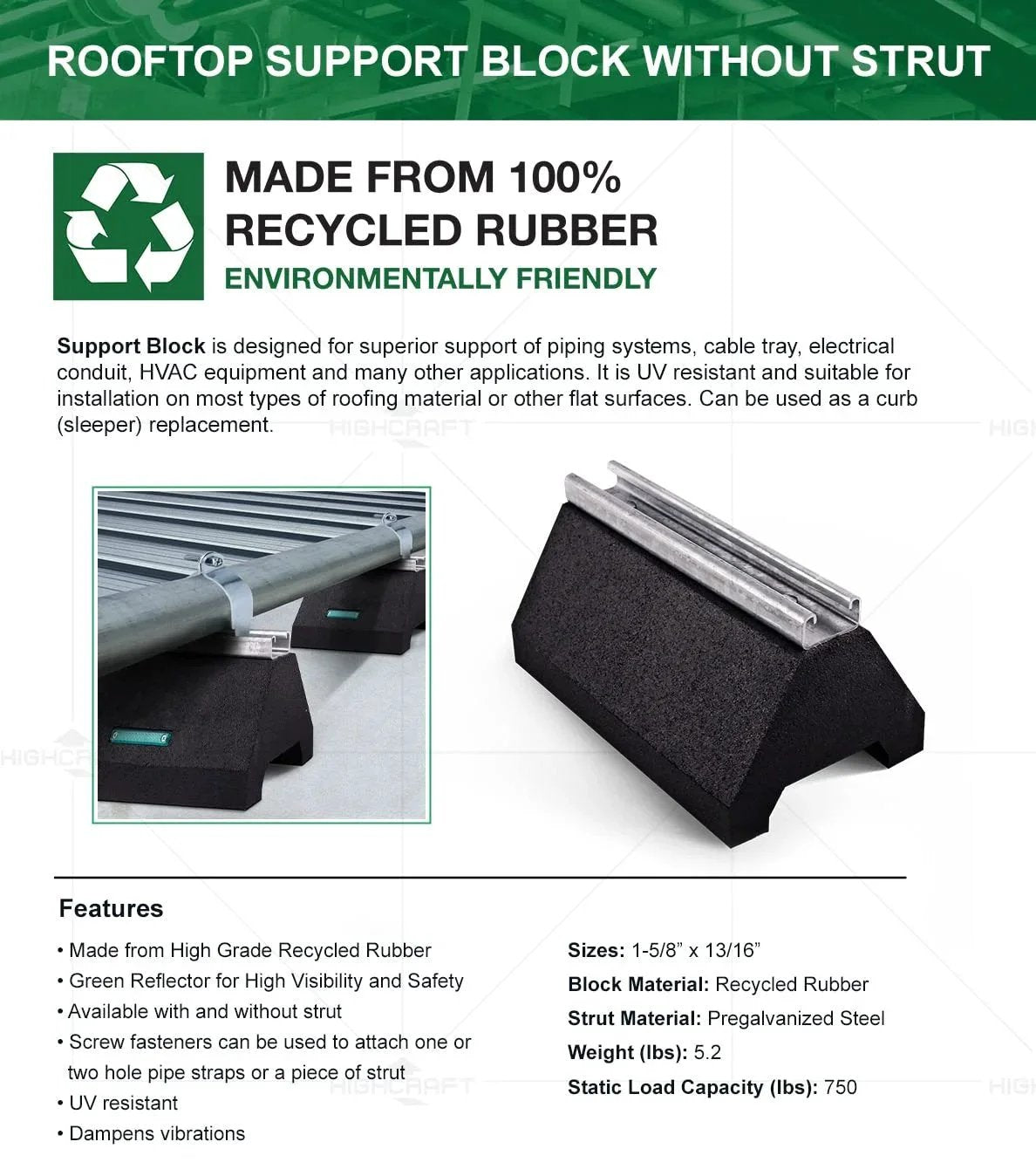 Close-up of Rooftop Pipe Support Block With Galvanized Steel Strut For Conduit And HVAC Workhorse Sleeper Curb Replacement 750 Pound Capacity Five And Three Quarters Inch By Ten Inch Block Recycled Rubber Black.