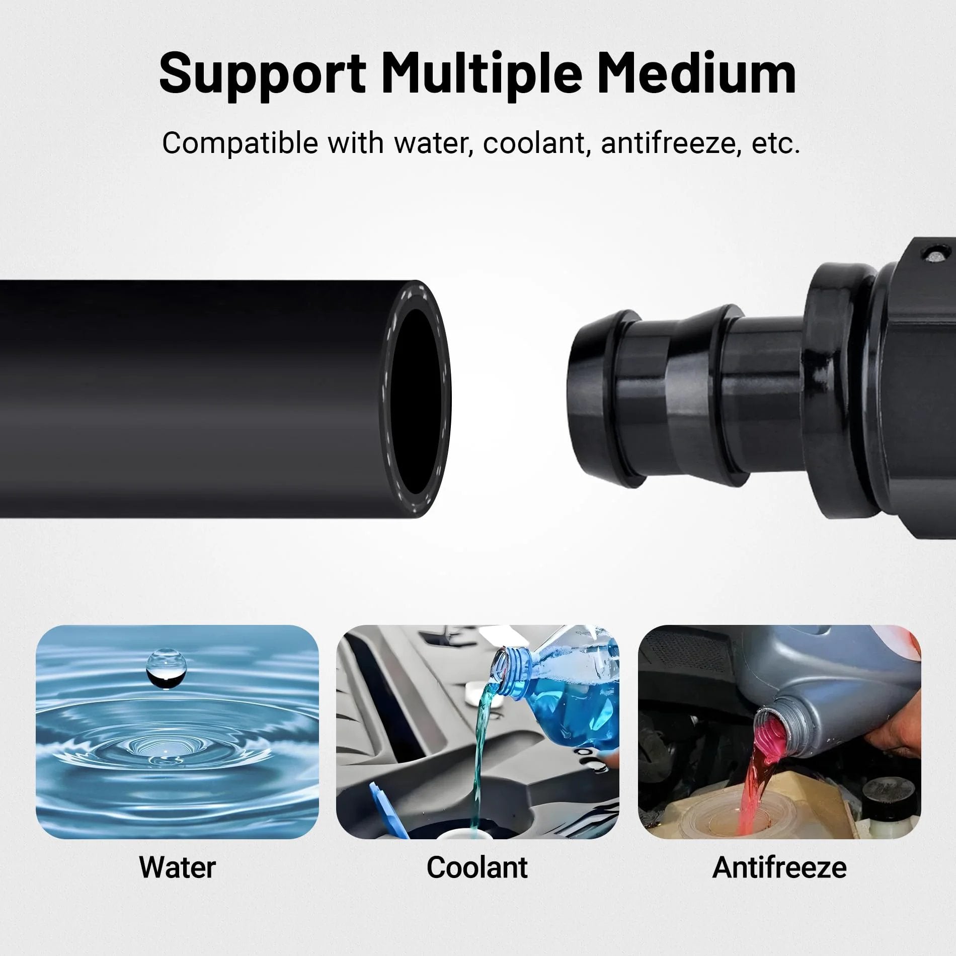 Close-up of a Five Eighth Inch Heater Hose For Coolant And Radiator System, Straight End, 100 PSI, EPDM Rubber, Black, with usage examples