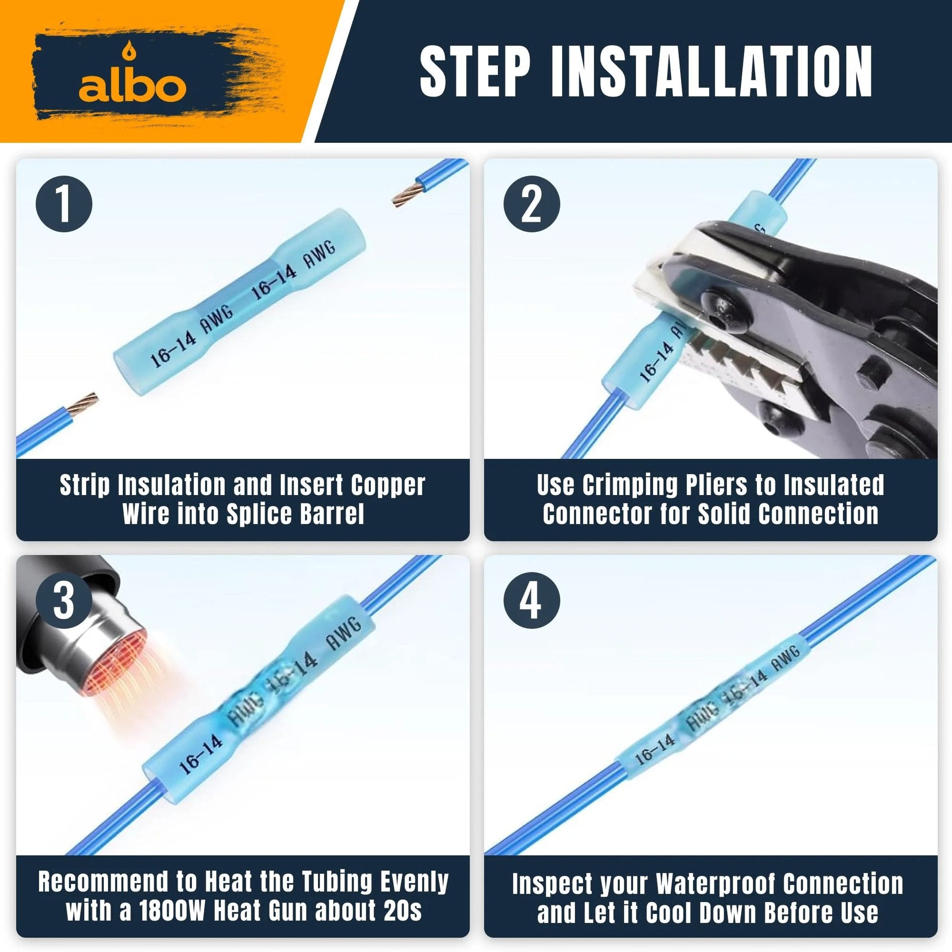 Step-by-step installation guide showing the use of heat shrink butt connectors for automotive and marine wiring.