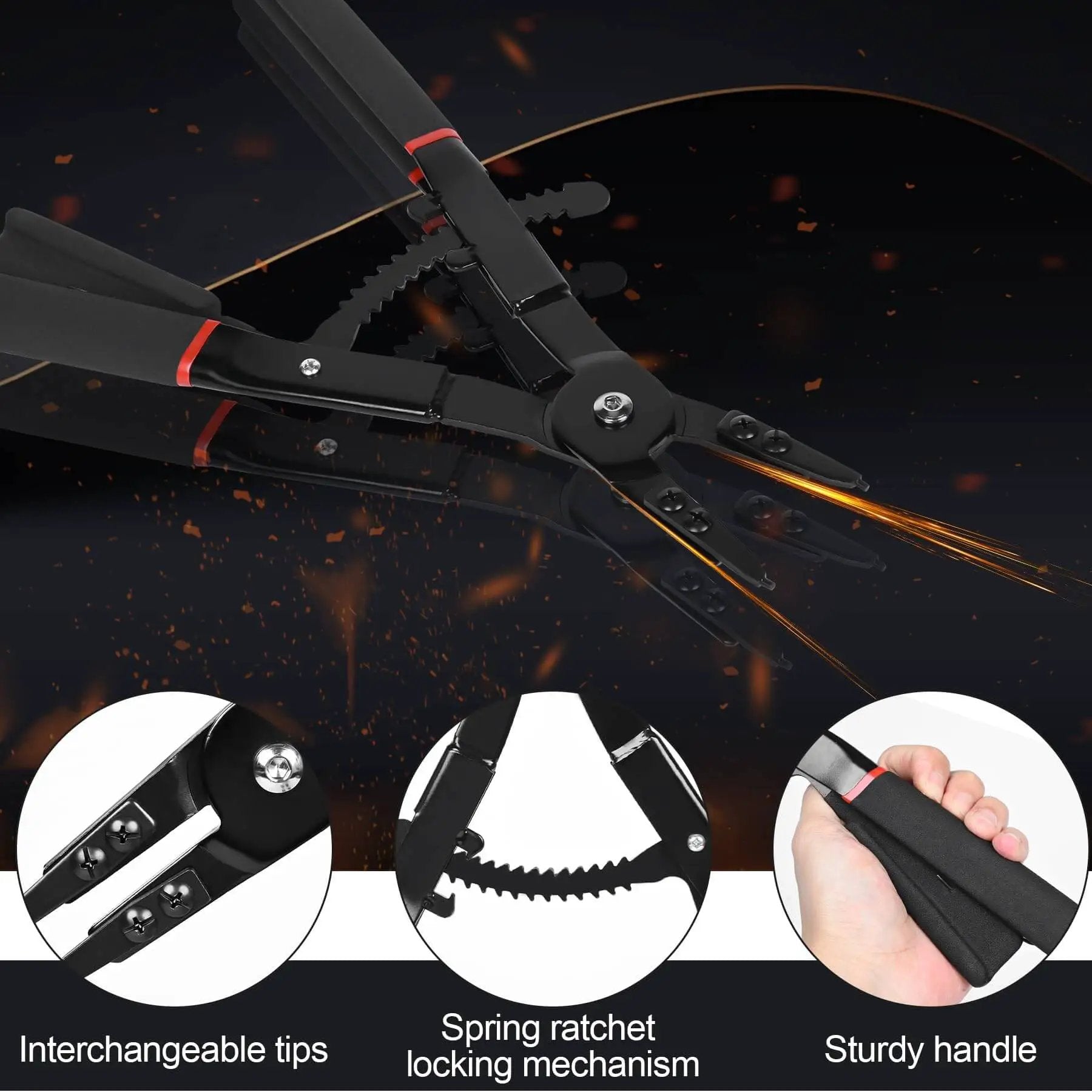 Heavy Duty Snap Ring Pliers Set Two Piece 16 Inch Circlip Pliers For Internal And External Rings With 45 Degree And 90 Degree Tips Ideal For Vehicle Maintenance And Repair By Inchoco, showing interchangeable tips and ratchet mechanism.