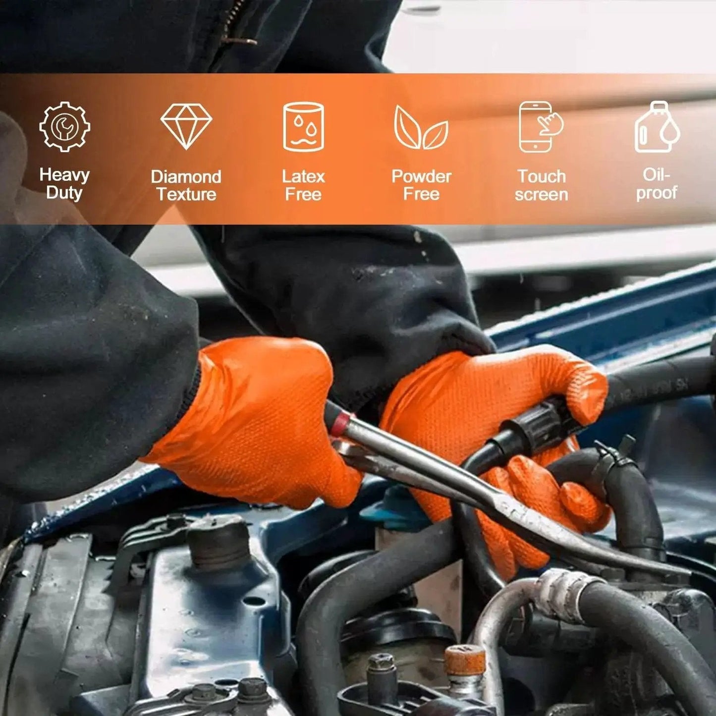 Heavy Duty Nitrile Disposable Gloves 8 Mil Orange Diamond Texture Grip used in automotive repair