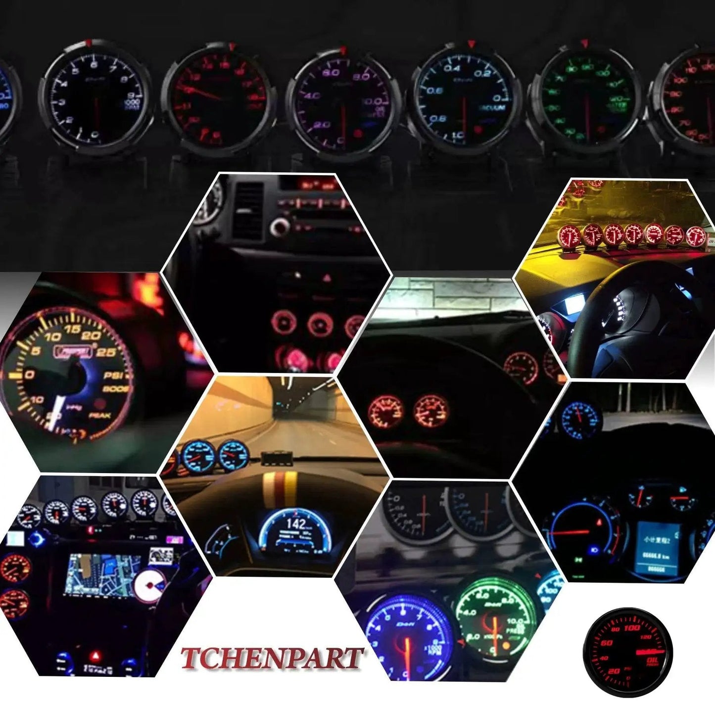7 Color LED Backlit Oil Pressure Gauge 0-140 PSI 52mm 2 And 1 16 Inch Dial With Sensor Displayed in Various Lighting Settings